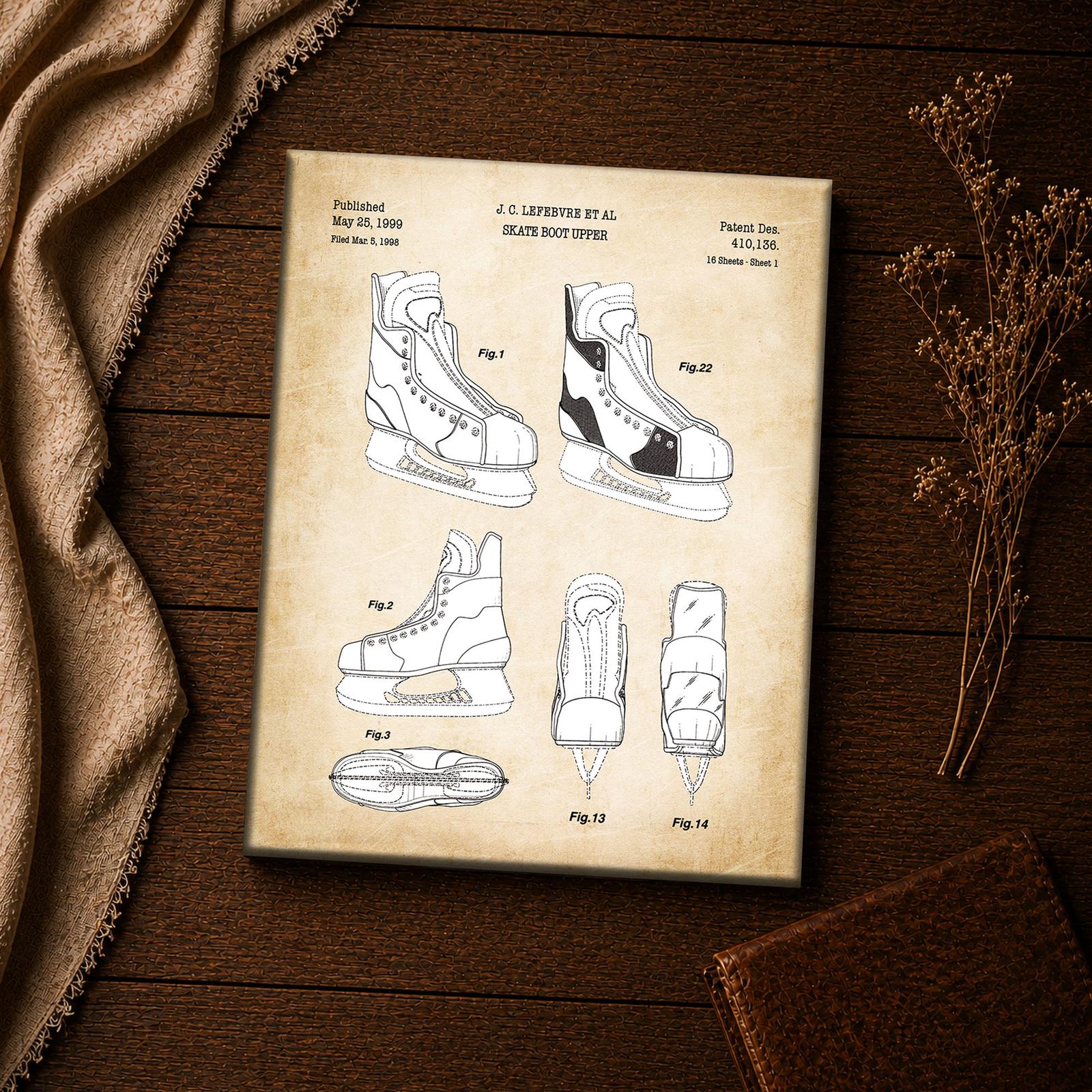 Hockey skate patent drawing canvas print closeup, hockey wall art