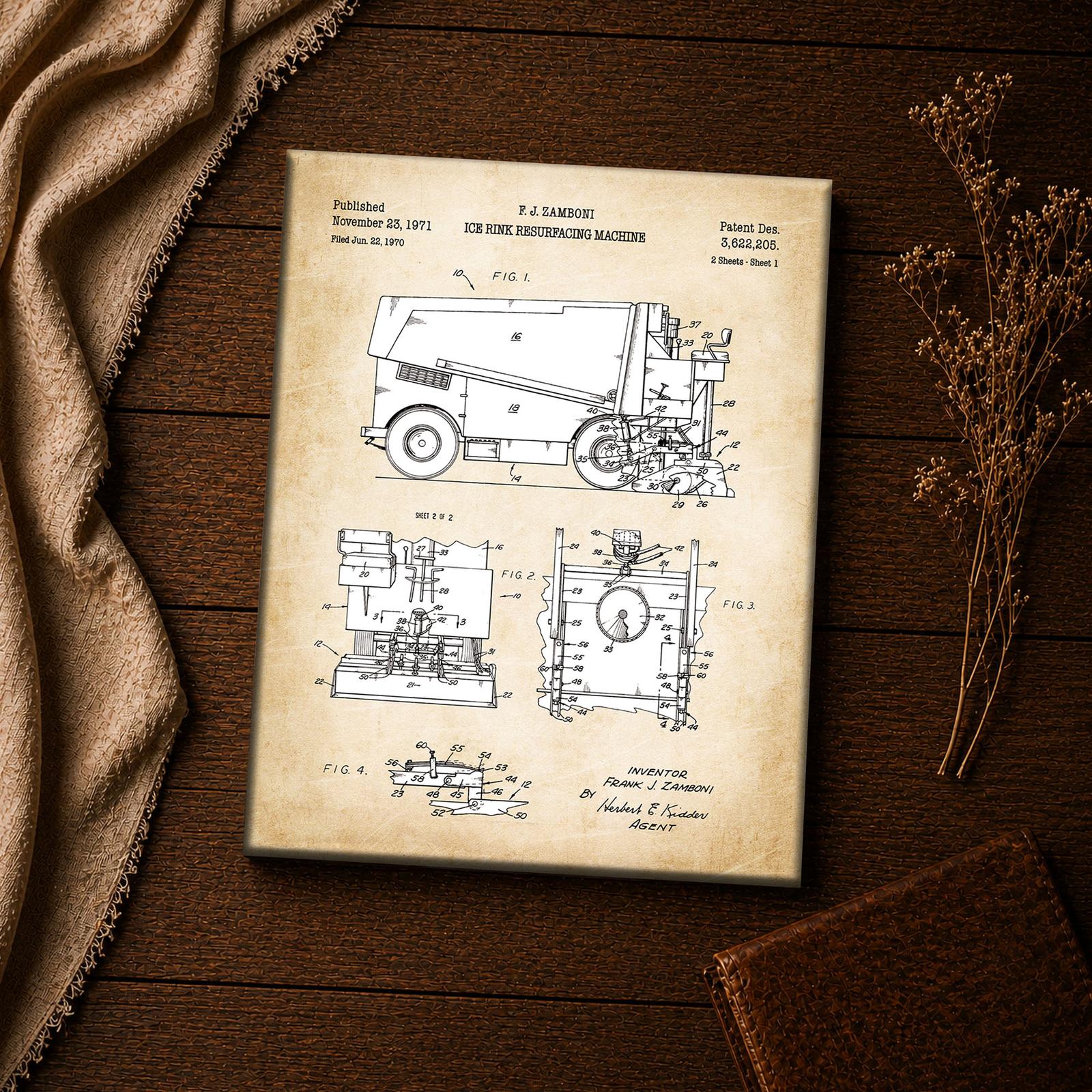 Ice resurfacing machine patent drawing canvas print closeup, hockey wall art