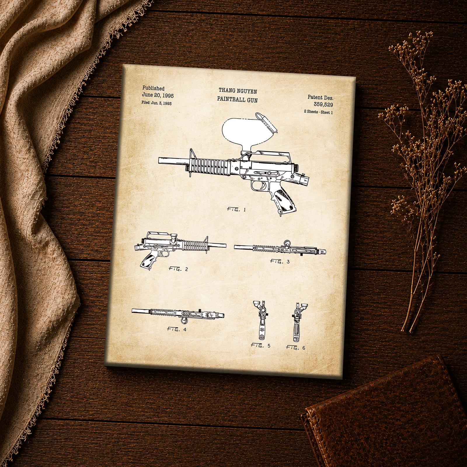 Paintball gun patent drawing canvas print - vintage gun inspirational wall art