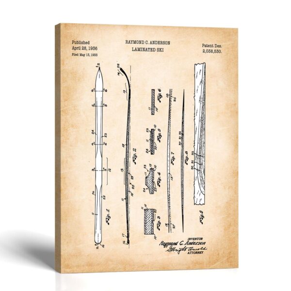 Laminated Ski patent canvas print - Vintage 1936 Blueprint by Crossroads Home Decor