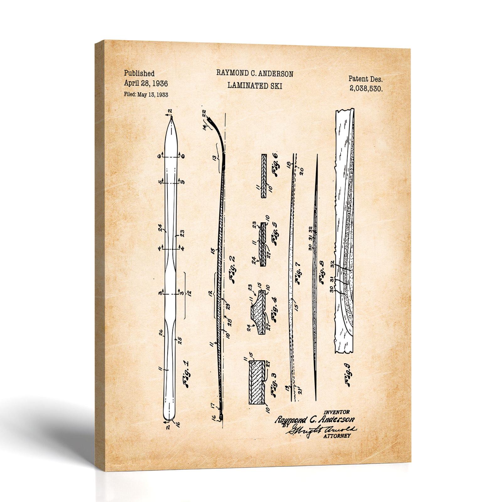 Laminated Ski patent canvas print - Vintage 1936 Blueprint by Crossroads Home Decor