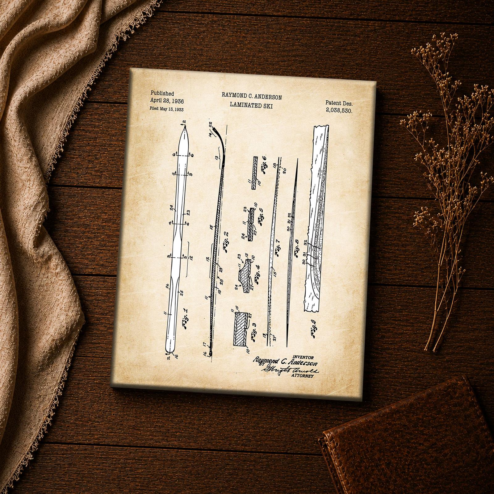 Laminated Ski patent detail canvas print - vintage winter wall art