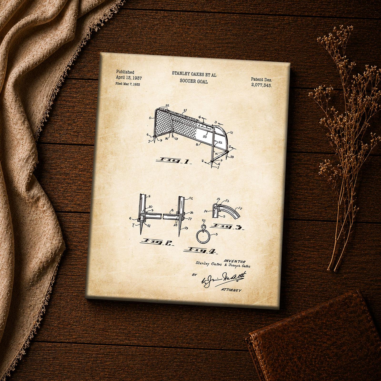 Soccer goal patent drawing canvas print closeup, soccer wall art