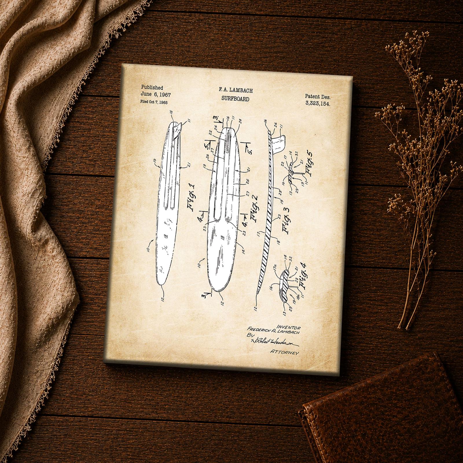 Surfboard patent drawing canvas print - vintage surf inspirational wall art