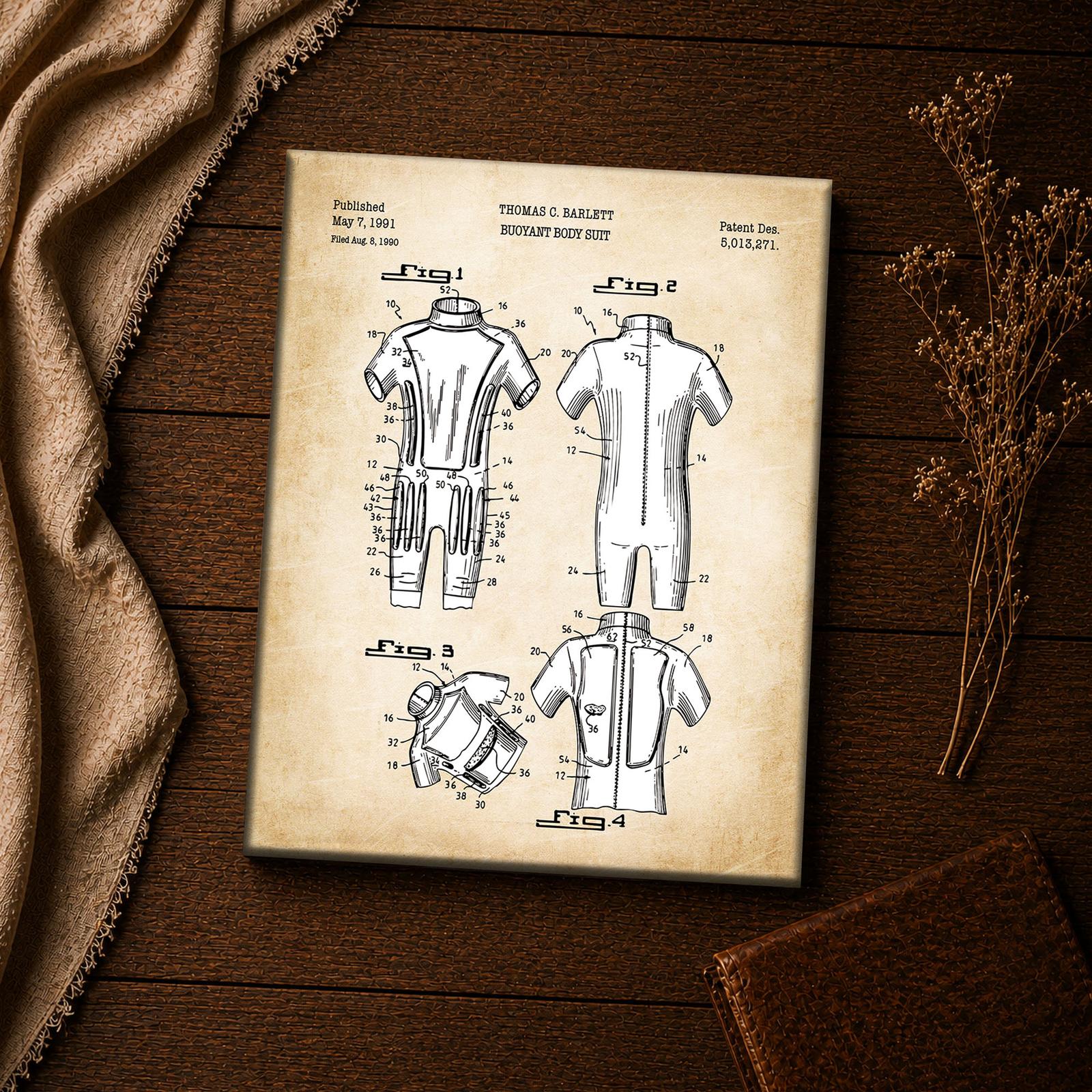 Body surfing suit canvas print - close-up of the foam pocket and collar linework