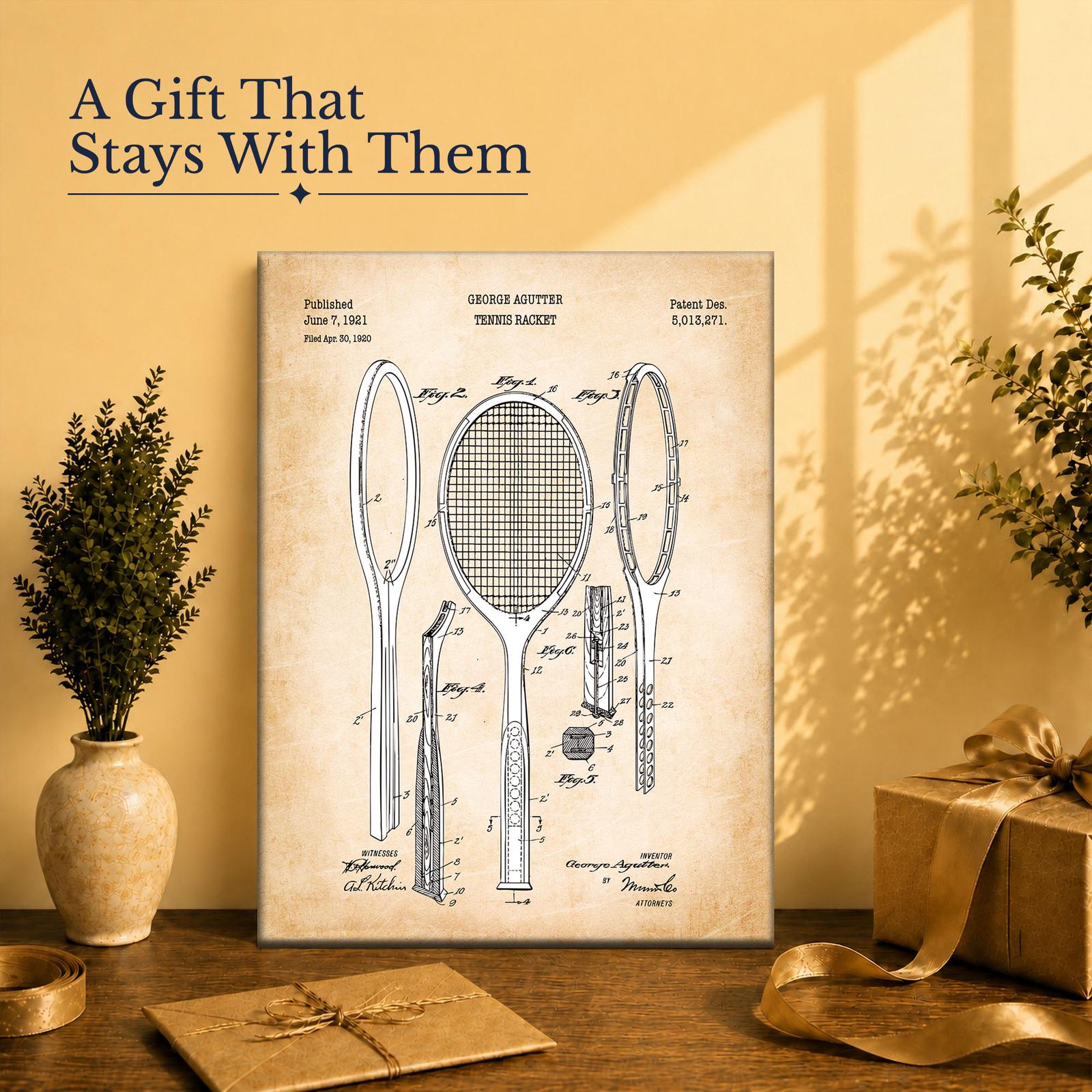 Tennis racket patent canvas print gift for a player or coach