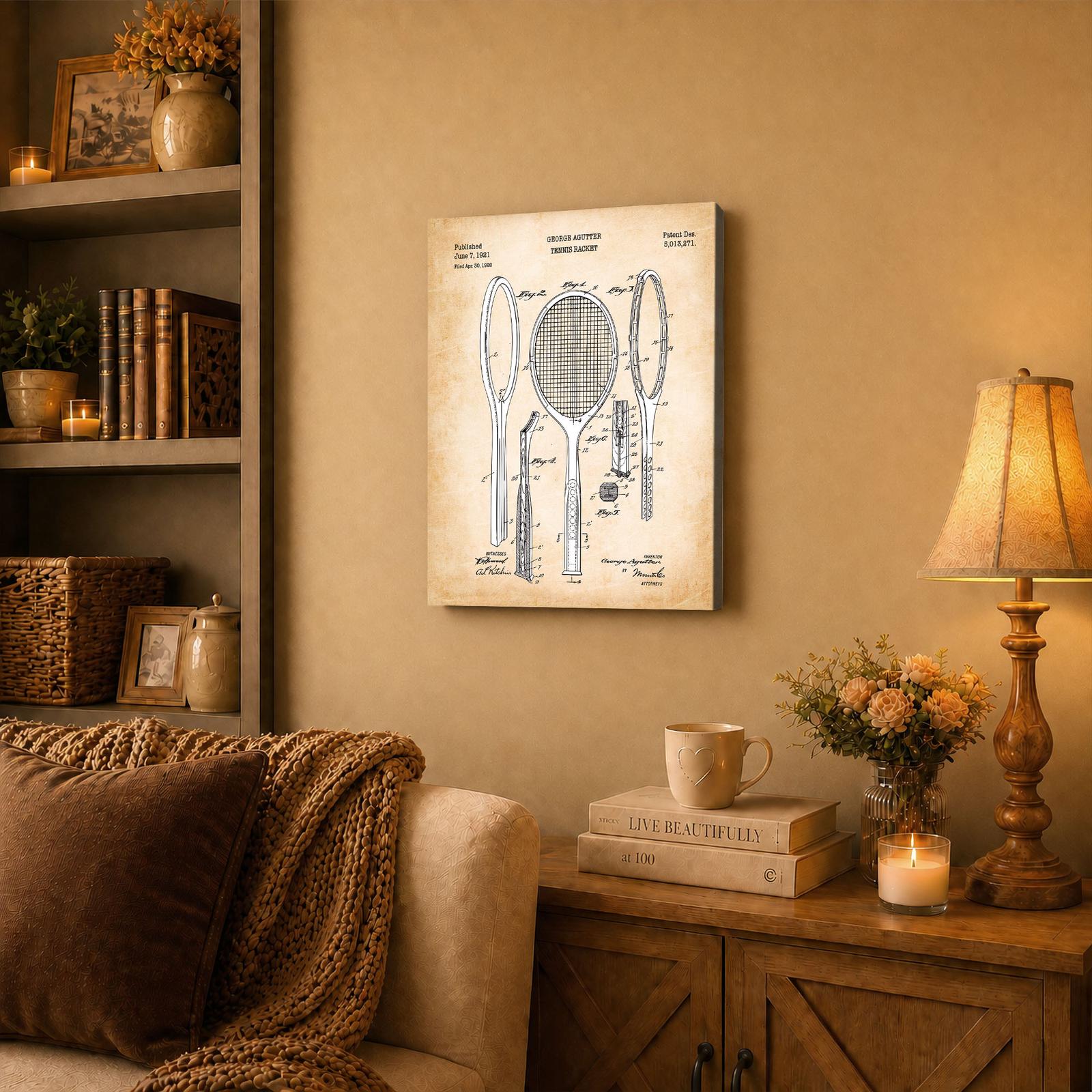 Tennis racket canvas wall art displayed in a den