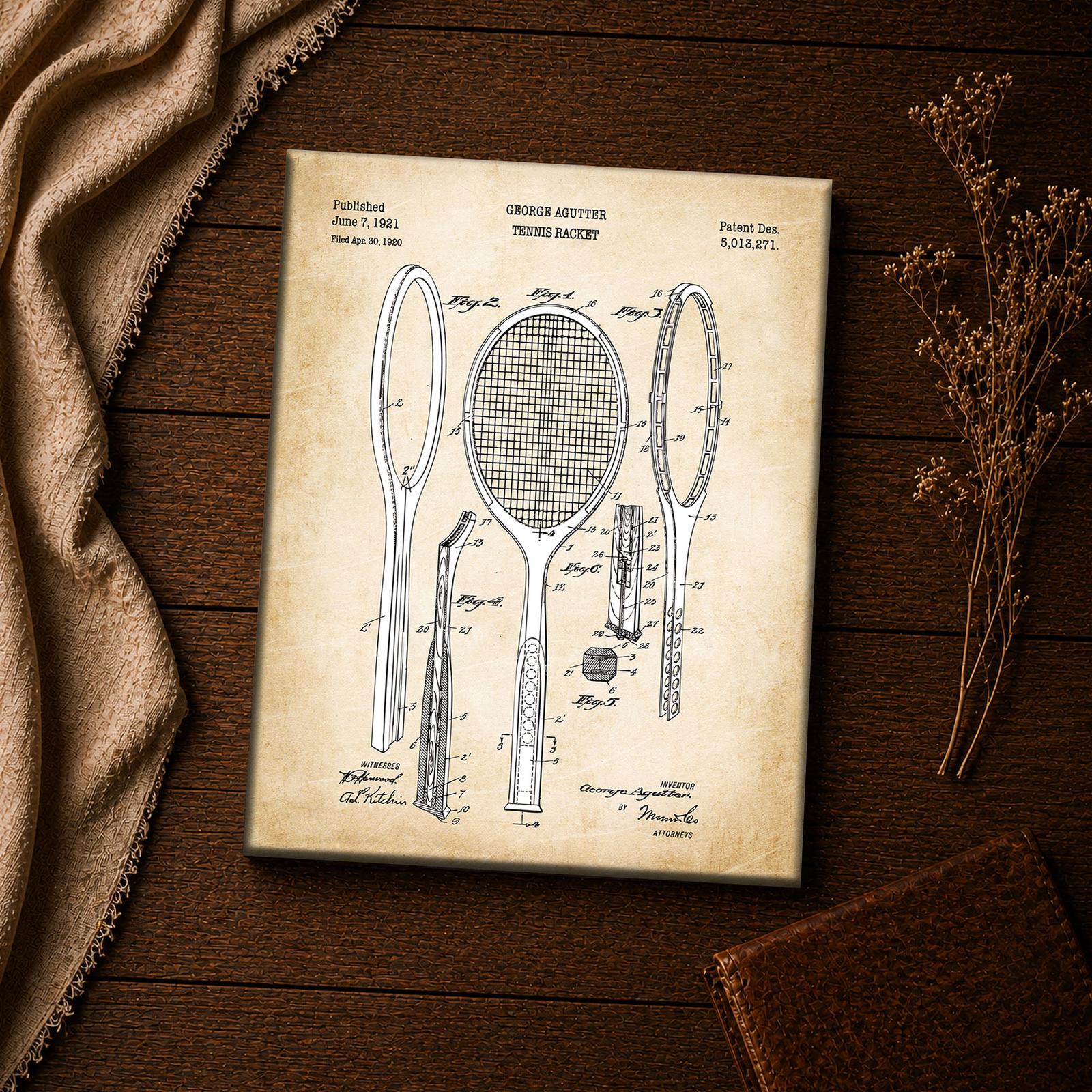 Tennis racket patent drawing canvas print closeup, tennis wall art
