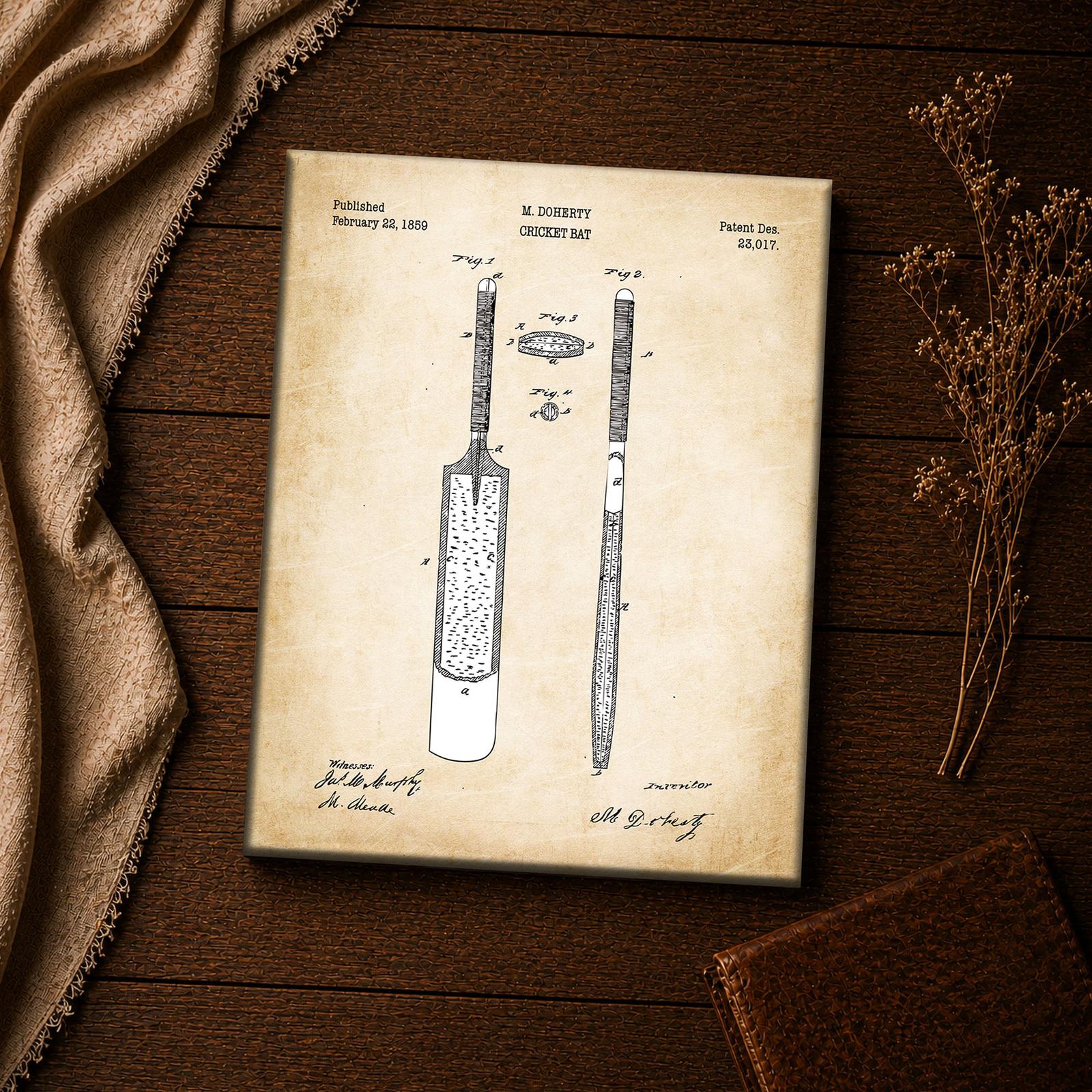 Cricket bat patent drawing canvas print - vintage cricket inspirational wall art