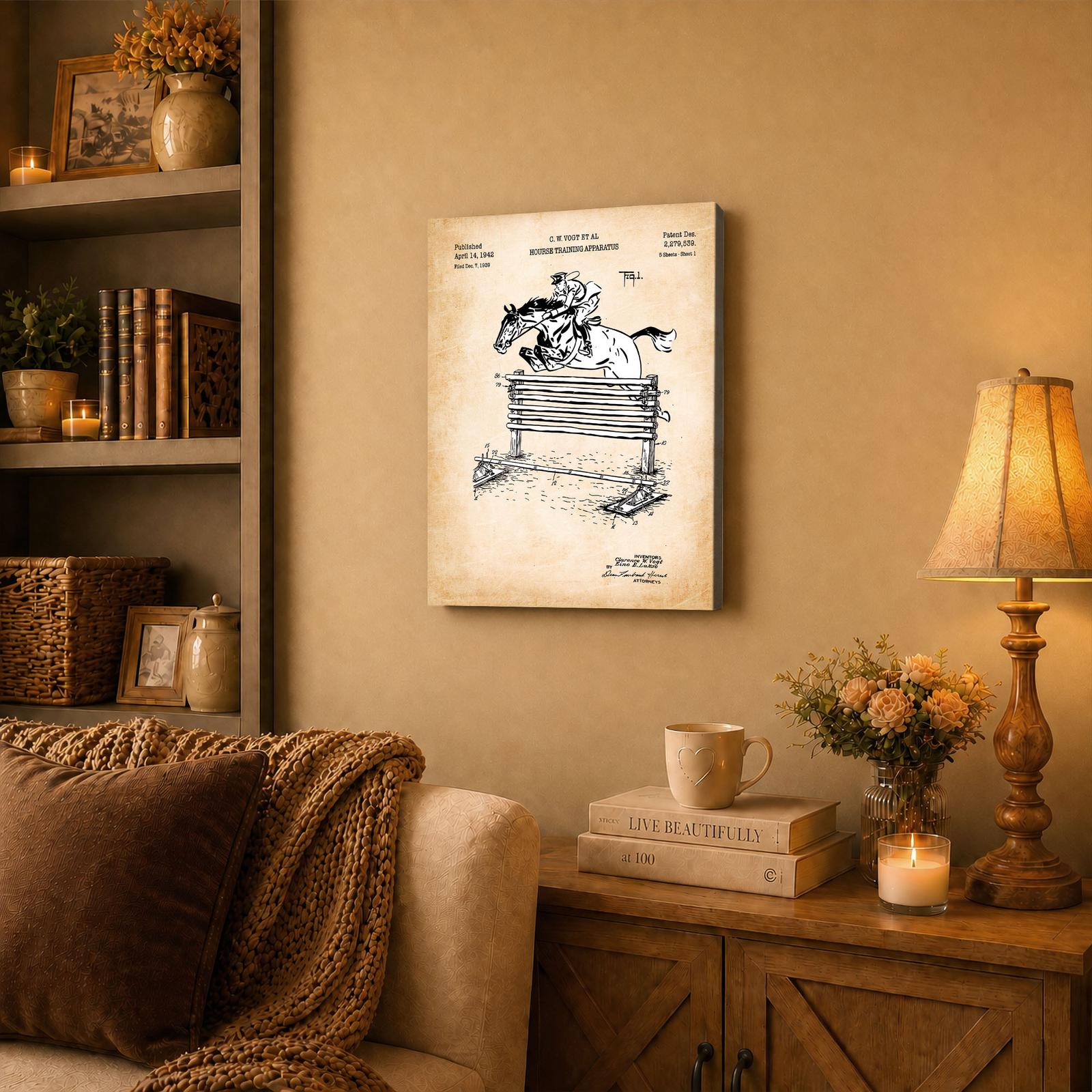 Horse jumping canvas wall art displayed in a den