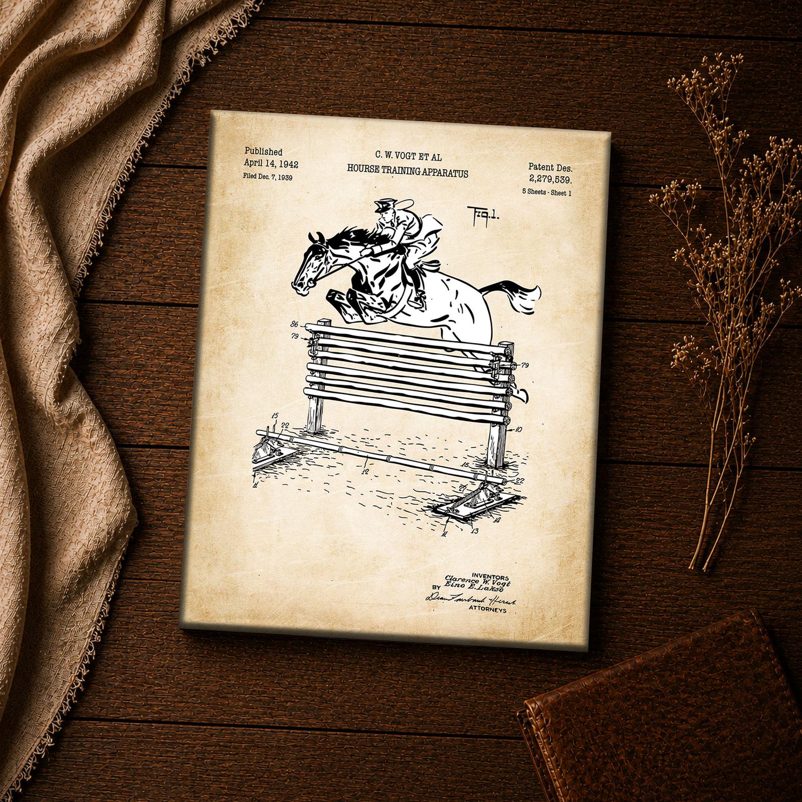 Horse jumping patent drawing canvas print closeup, horse wall art