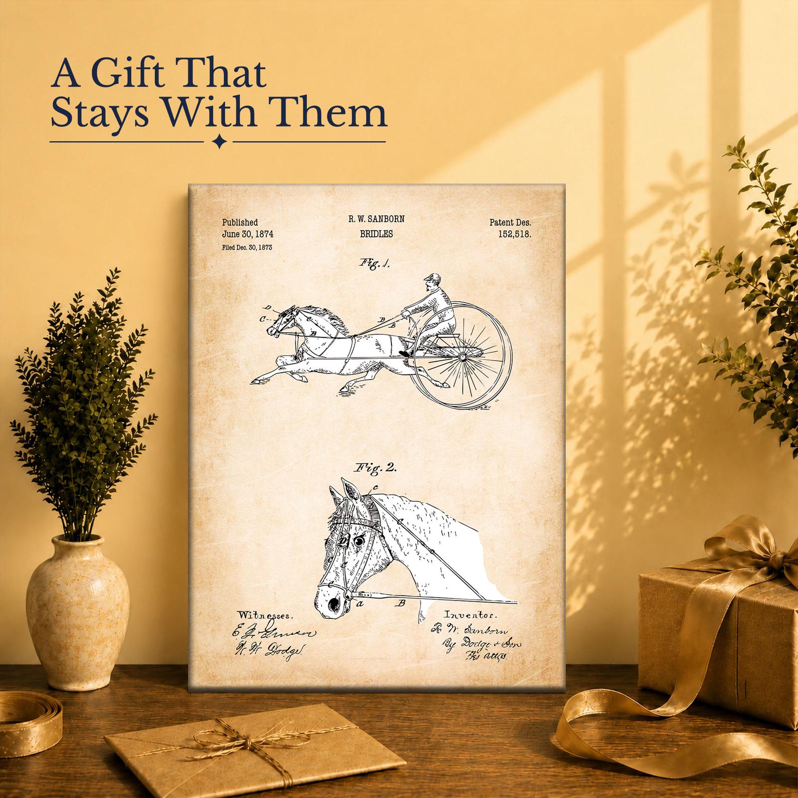 Horse bridle patent print gift - canvas print for a den or tack room