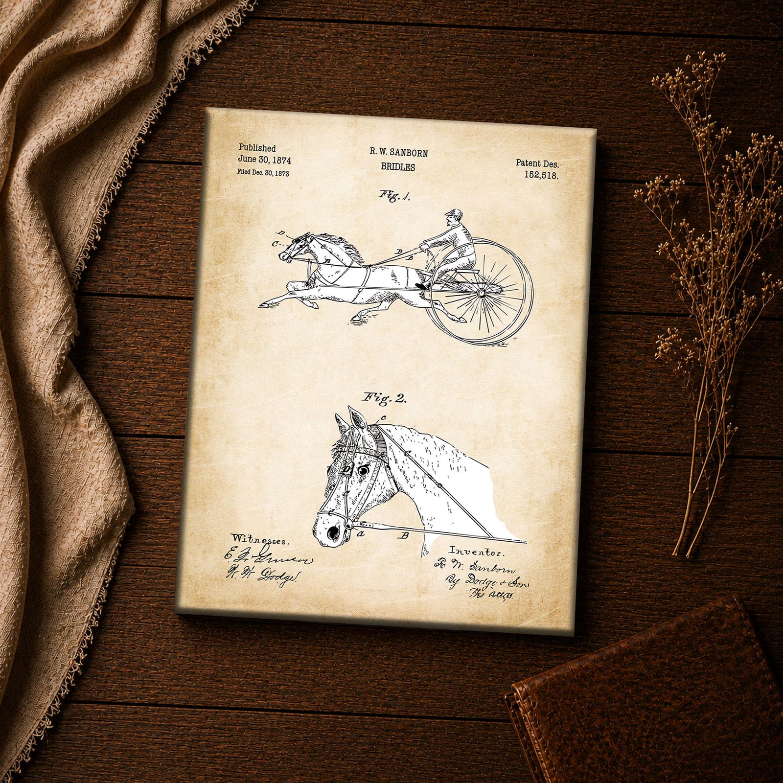 Vintage equestrian wall art - bridle patent print closeup