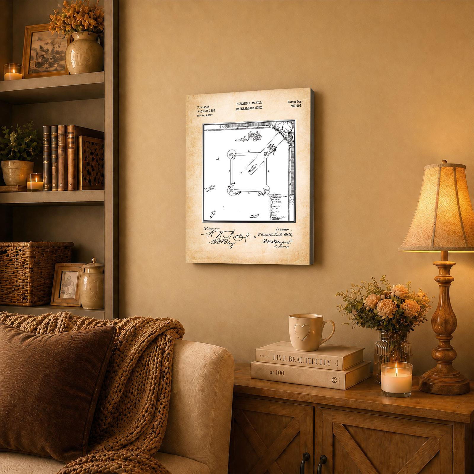 Vintage baseball diamond canvas print displayed in a game room