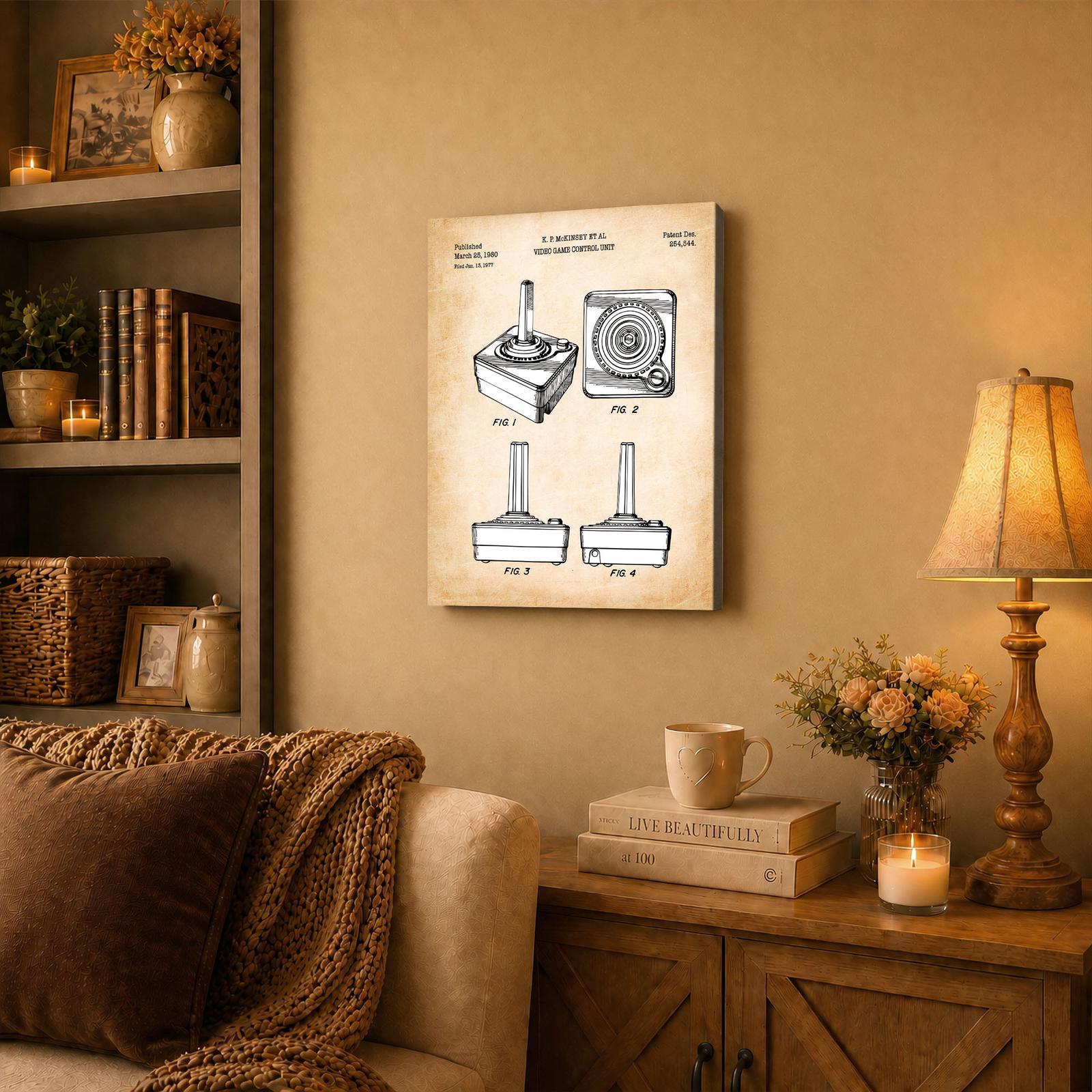 Joystick patent canvas wall art displayed in a game room