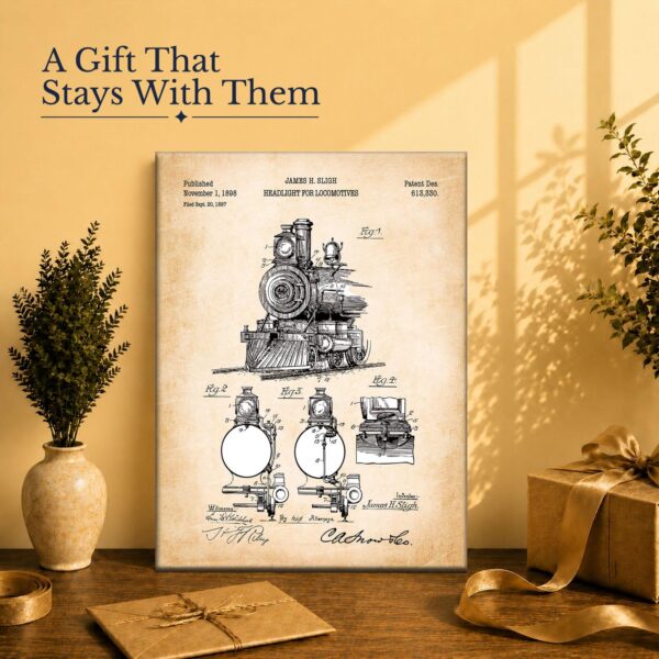 Train headlight patent canvas print gift for a railroad enthusiast or train collector
