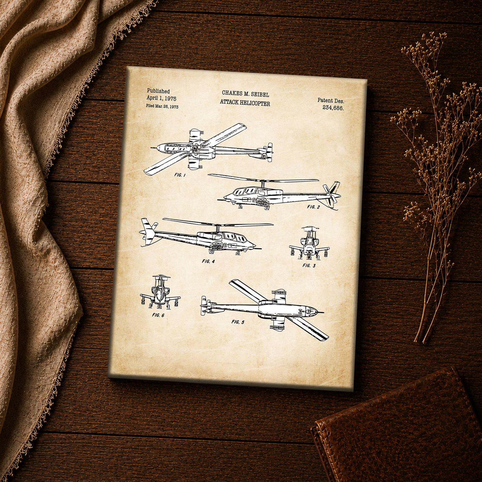 Attack helicopter patent drawing canvas print closeup, aviation wall art