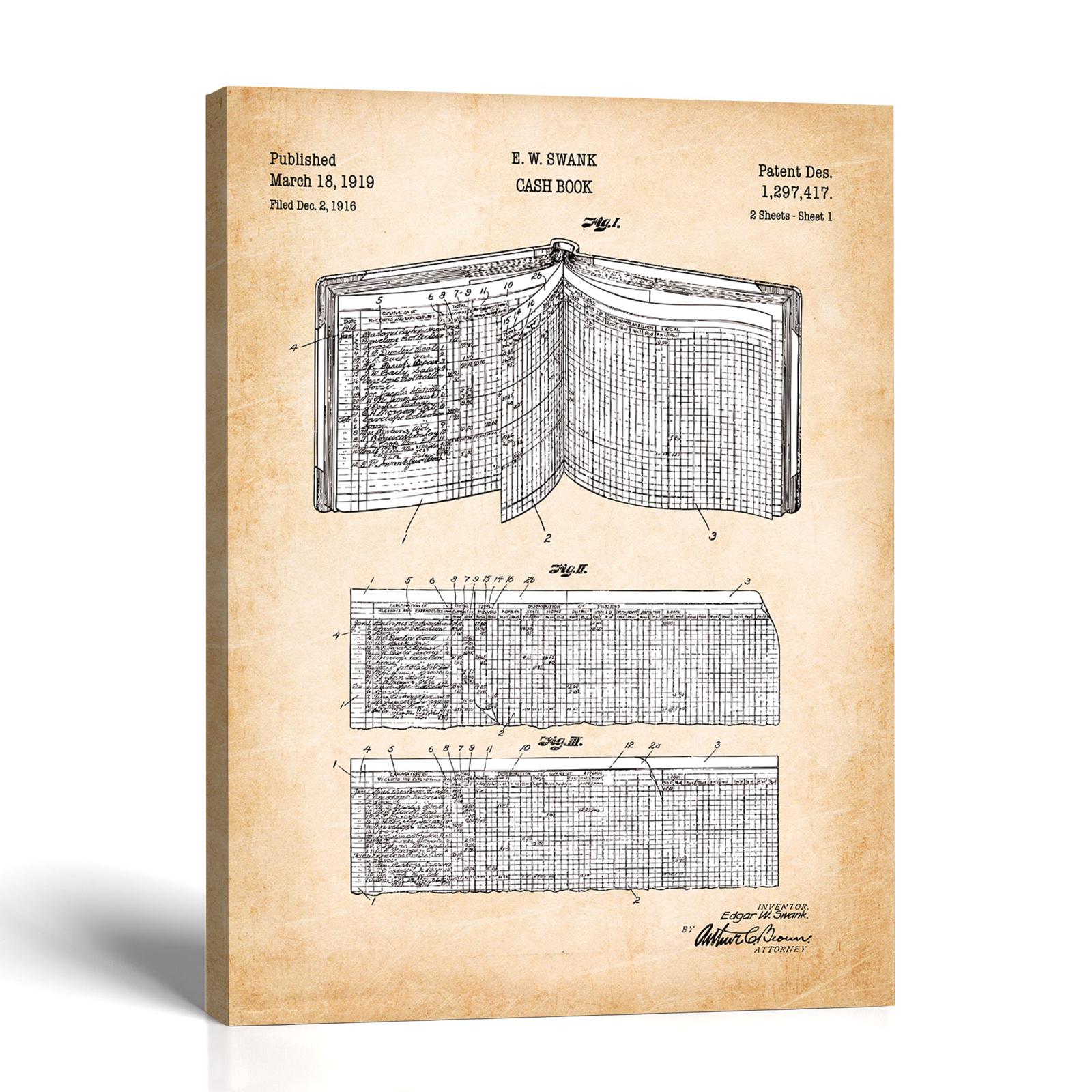 Accounting book patent canvas print - 1919 cash book patent print by Crossroads Home Decor