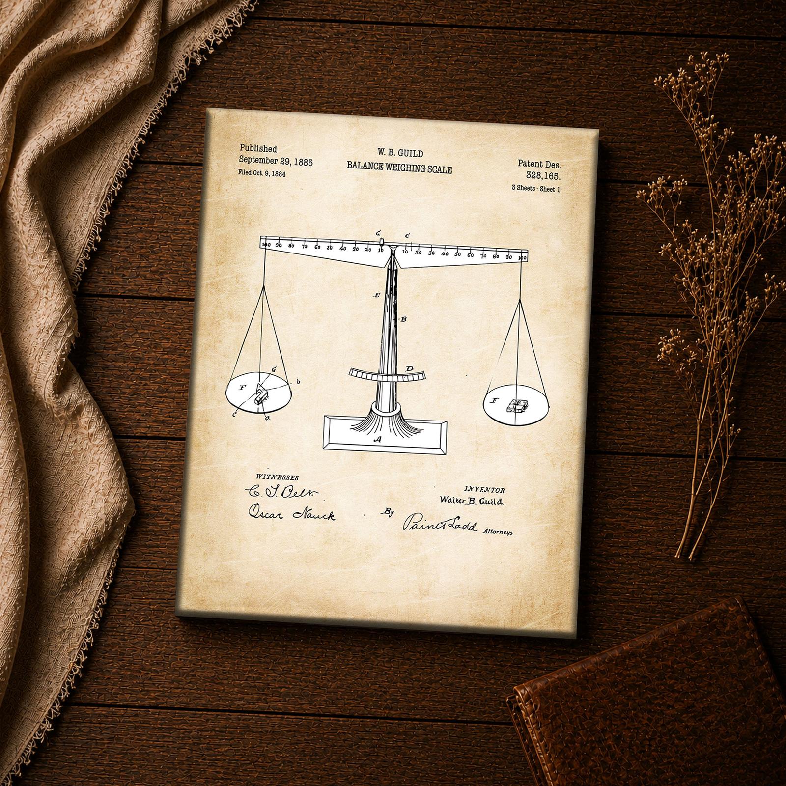 Scales of justice patent drawing canvas print closeup, legal wall art