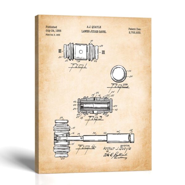 Judge gavel patent canvas print - 1956 courtroom gavel patent drawing by Crossroads Home Decor