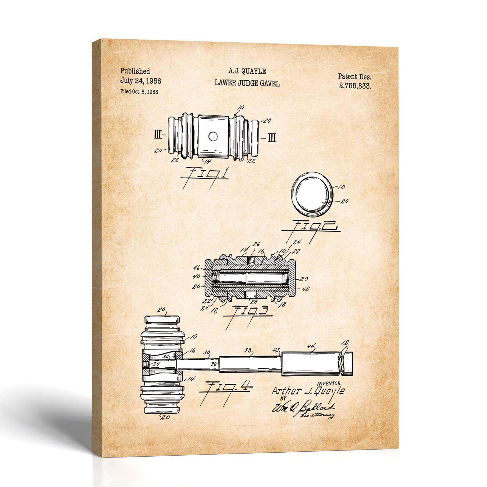 Judge gavel patent canvas print - 1956 courtroom gavel patent drawing by Crossroads Home Decor
