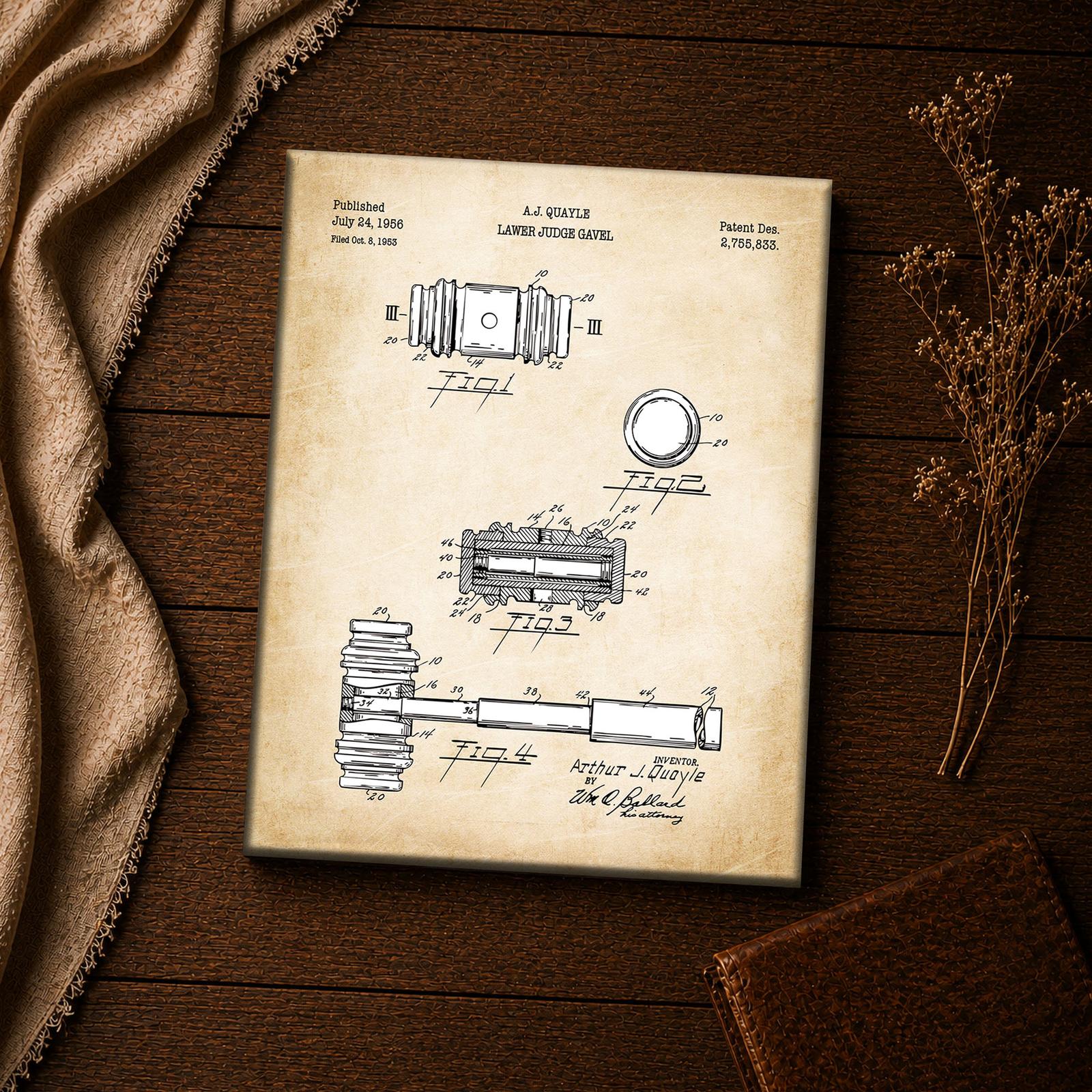 Judge gavel patent drawing close-up - courtroom wall art detail