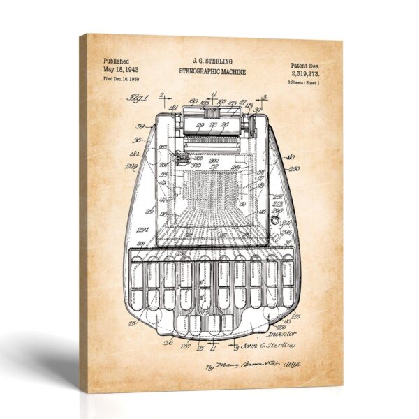Court reporter patent canvas print - 1943 shorthand machine patent drawing by Crossroads Home Decor