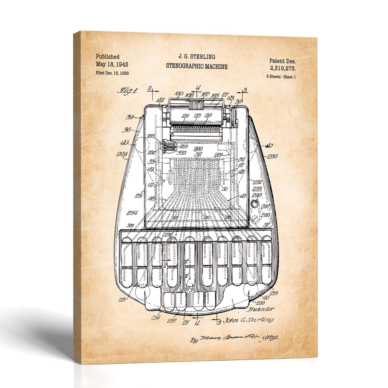 Court reporter patent canvas print - 1943 shorthand machine patent drawing by Crossroads Home Decor