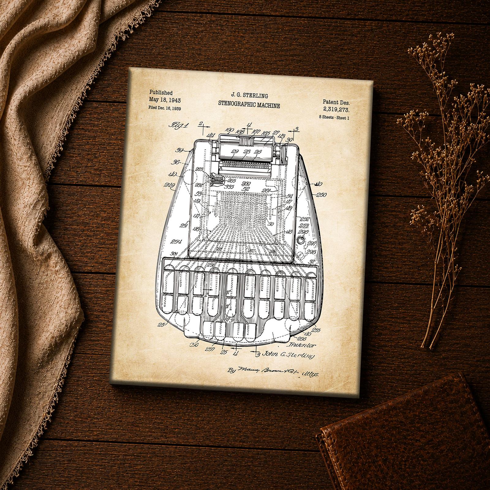 Shorthand machine patent drawing close-up - court reporter wall art detail