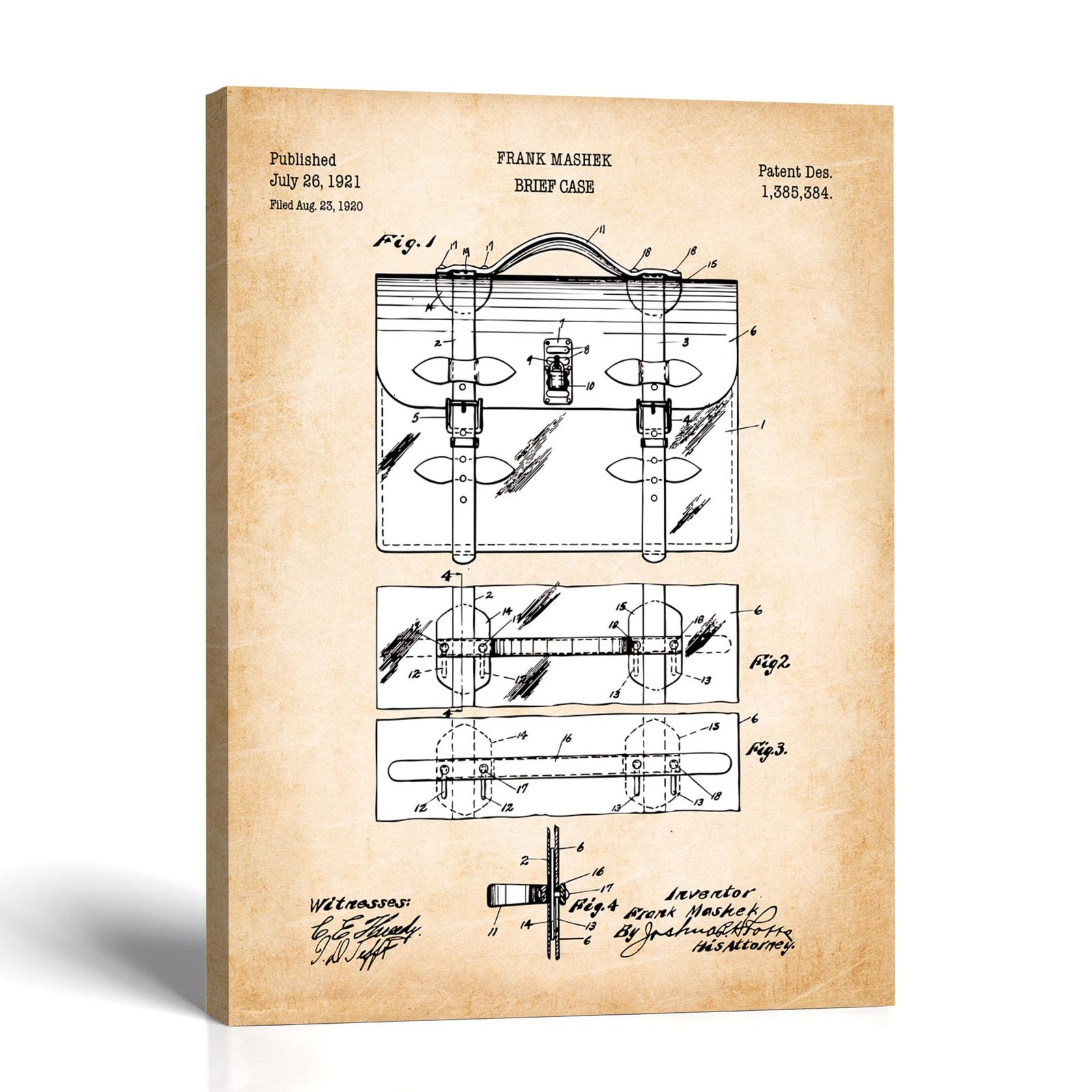 Briefcase patent canvas print - 1921 brief case patent drawing by Crossroads Home Decor
