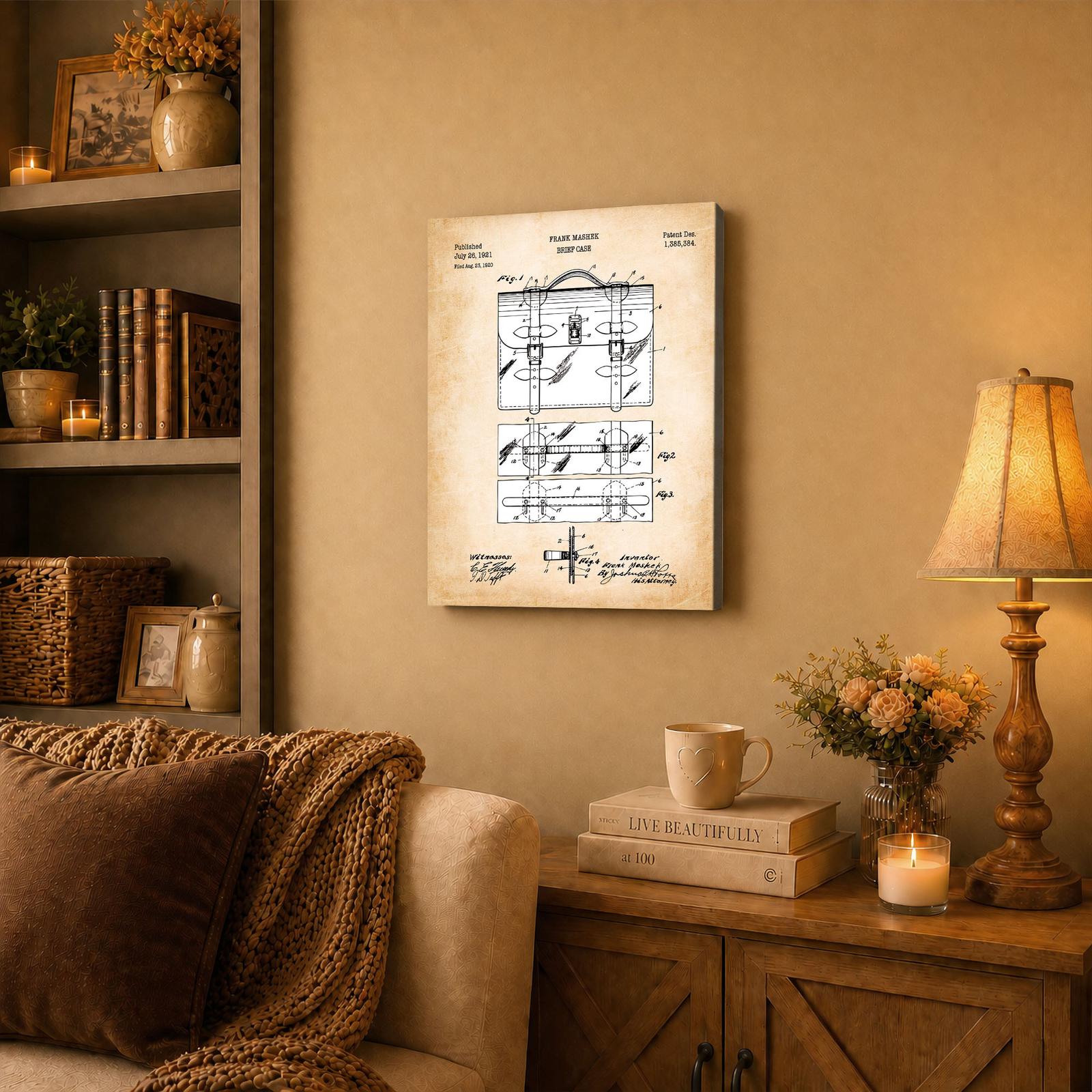 Briefcase patent canvas wall art displayed in a law office or den