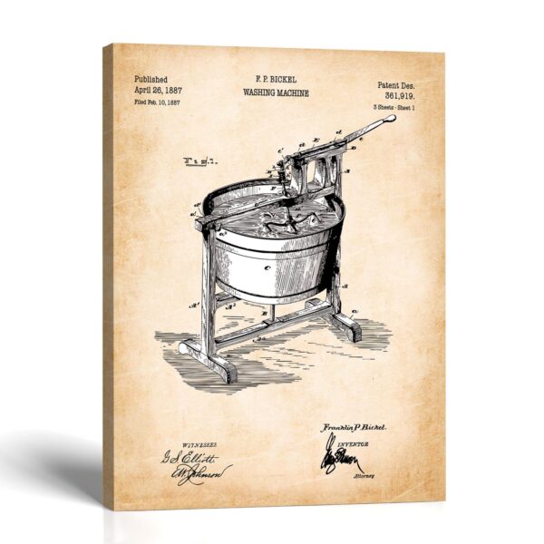 Vintage washing machine canvas print - 1887 Patent Drawing by Crossroads Home Decor