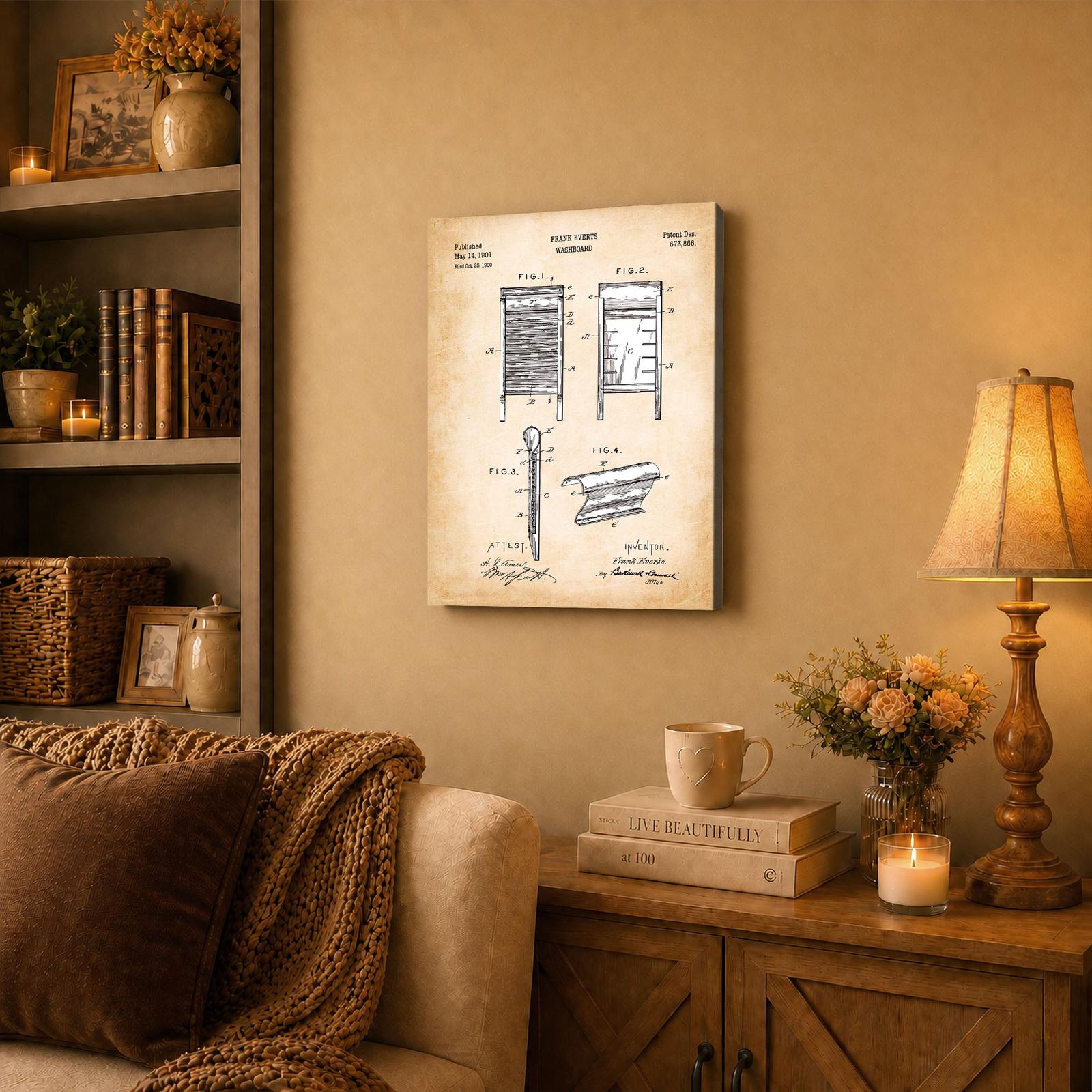 Washboard canvas wall art displayed in a farmhouse laundry room