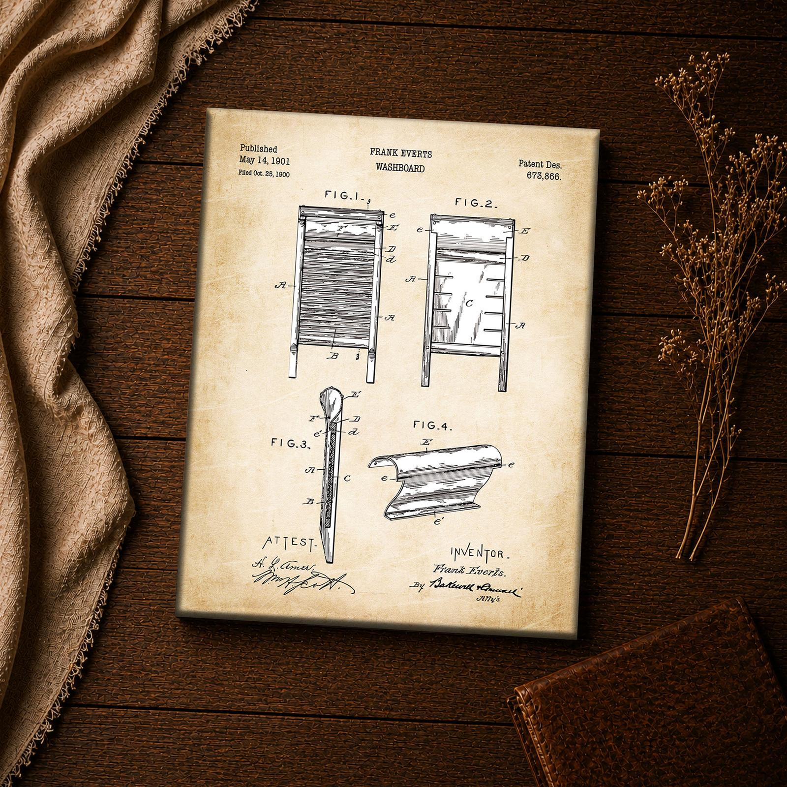 Washboard patent drawing canvas print - vintage laundry inspirational wall art