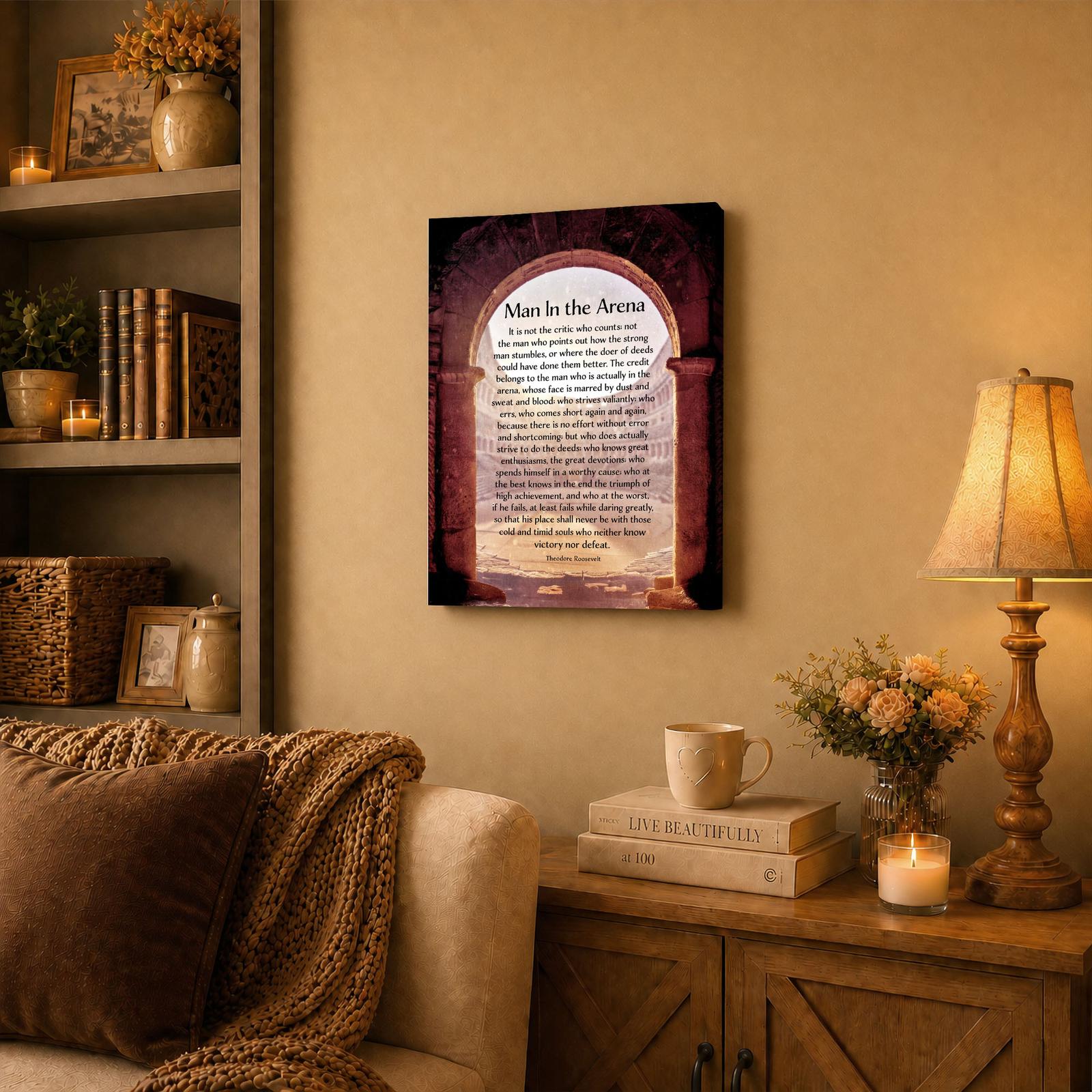 Man in the arena panoramic canvas wall art displayed above a console table in a living room