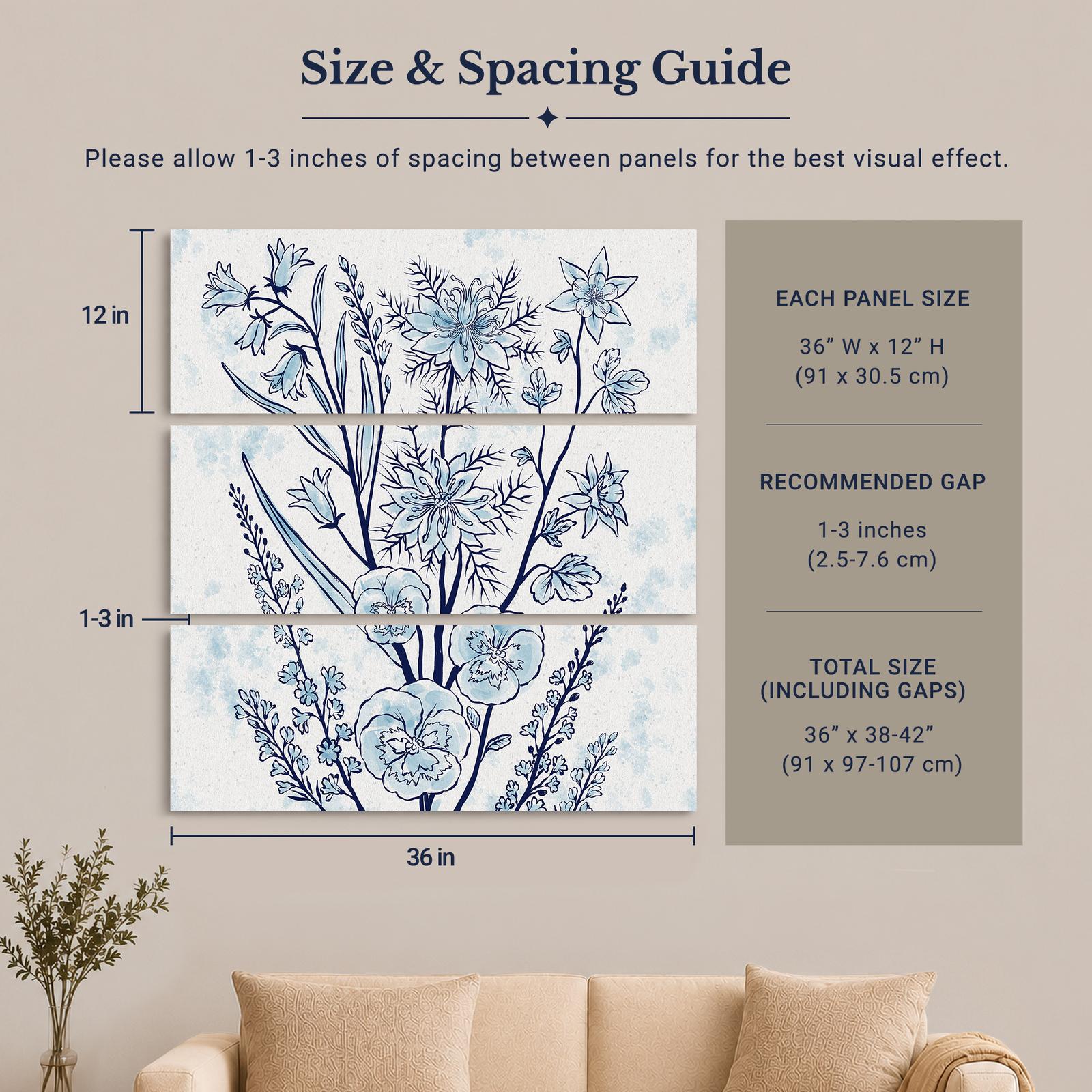 Blue Watercolor Floral Panels canvas wall art displayed above a bedroom dresser