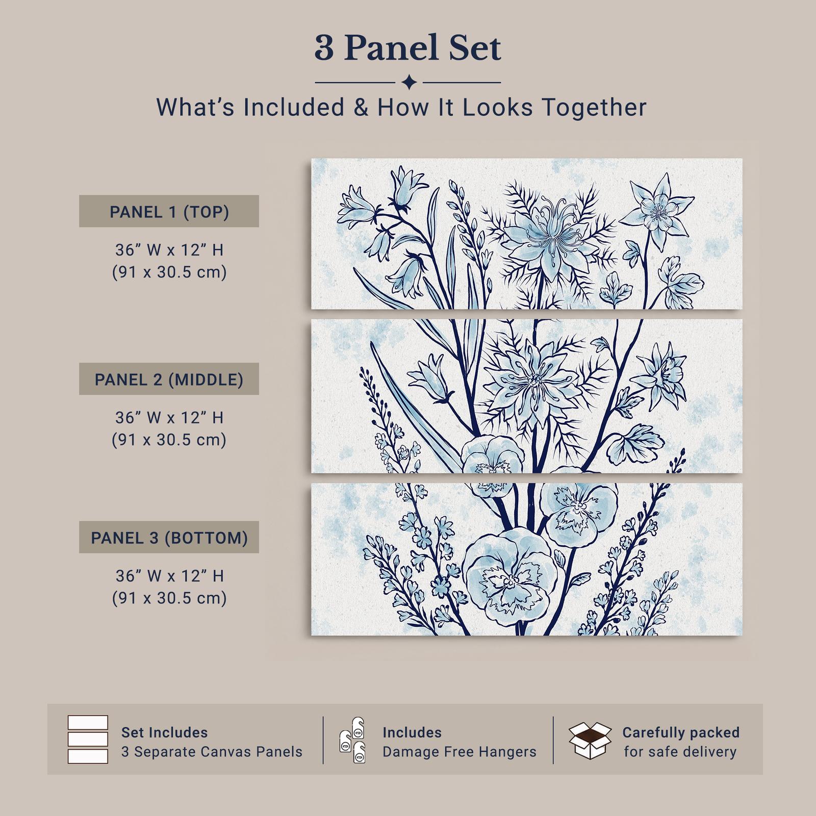 Blue Watercolor Floral Panels canvas print - love-in-a-mist and columbine watercolor wall art