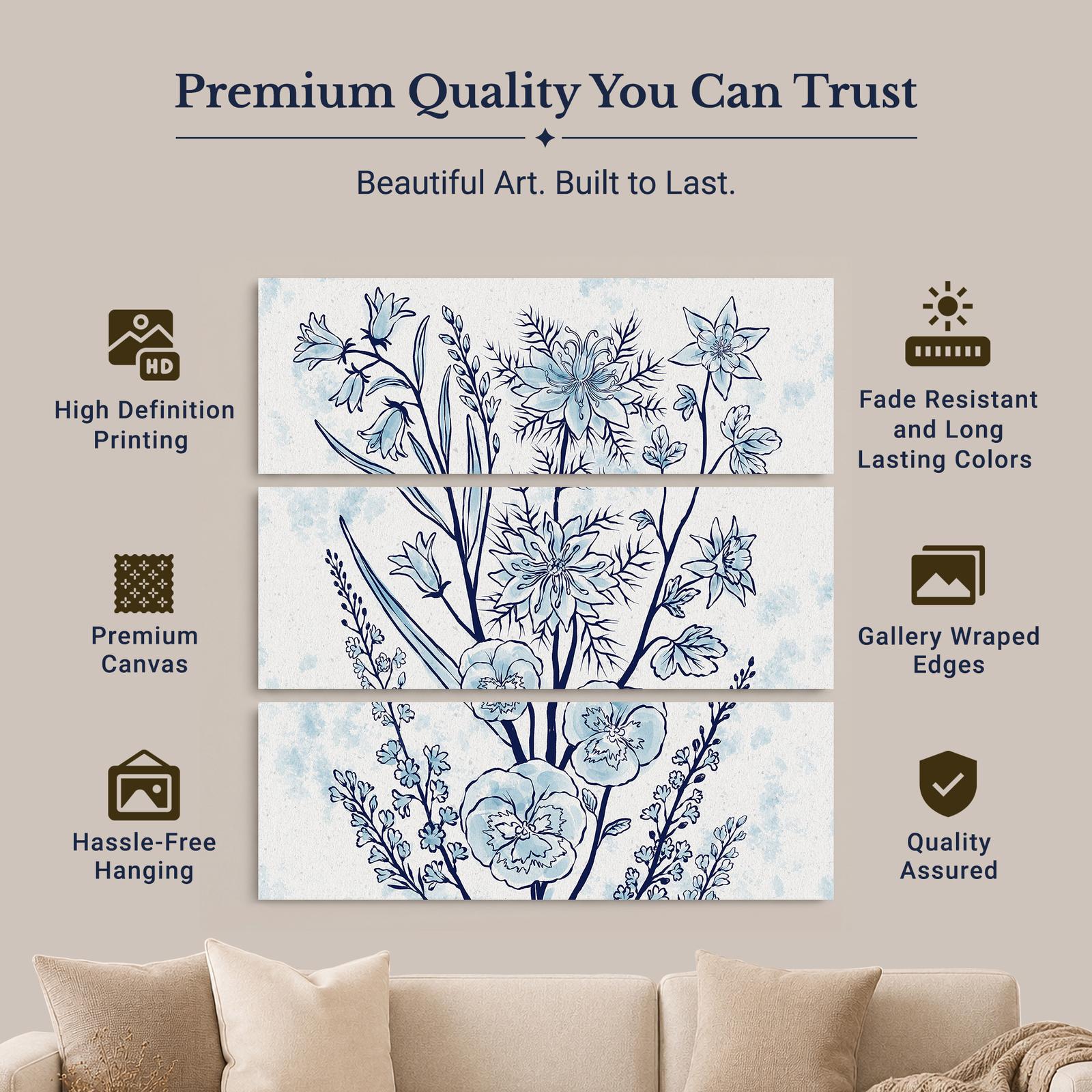 Blue Watercolor Floral Panels canvas print - gallery wrapped and floating frame styles