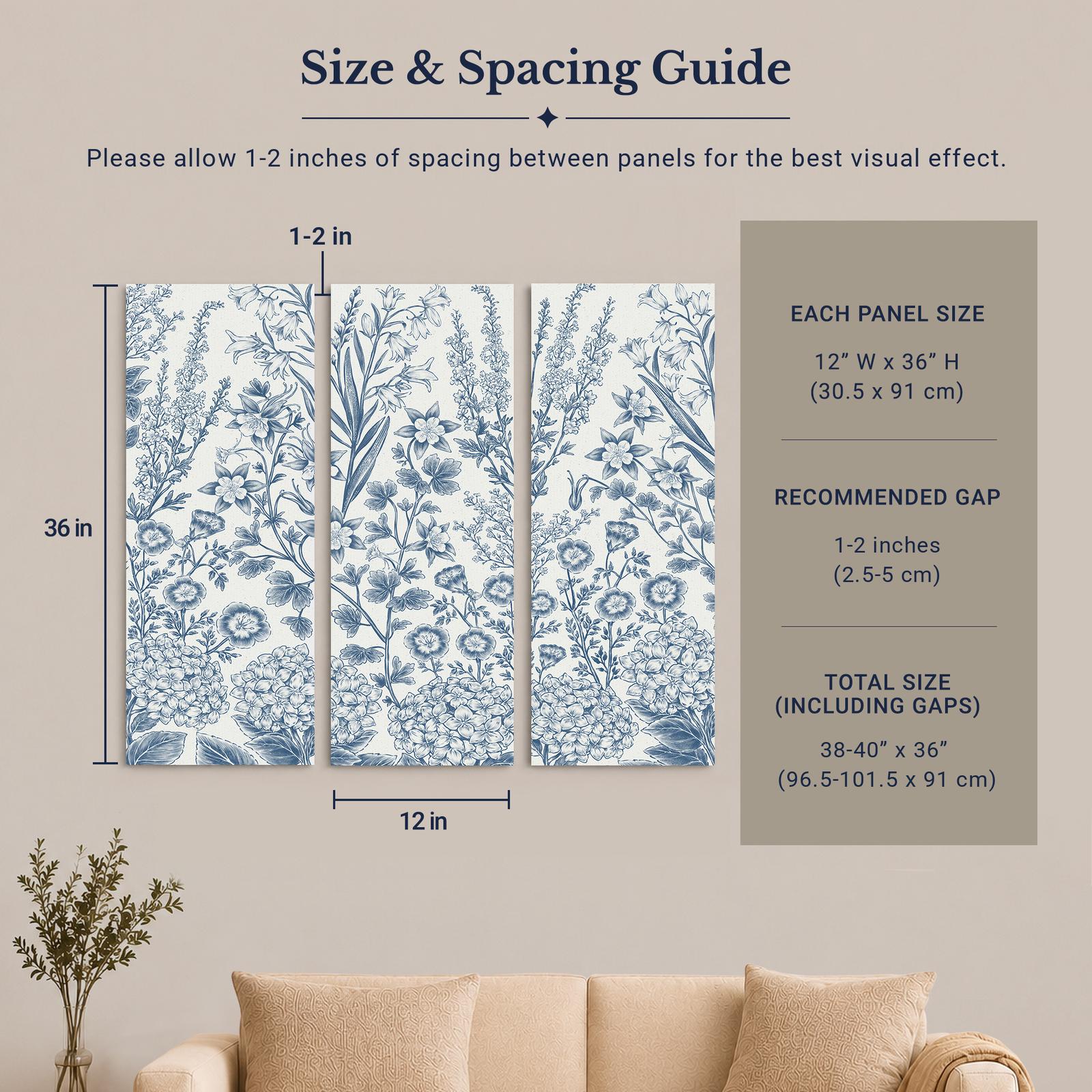 Vintage Blue Botanical Panels canvas wall art displayed above a living room sofa