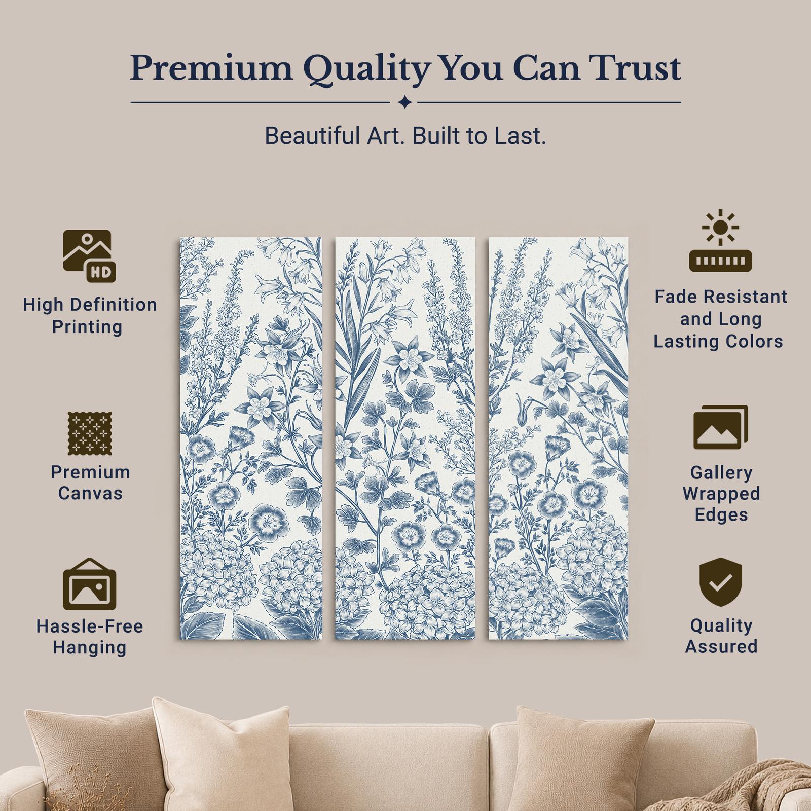 Vintage Blue Botanical Panels canvas print - gallery wrapped and floating frame styles