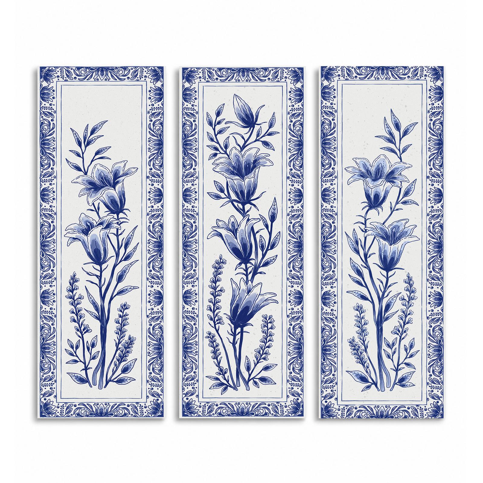 Blue and White Delft Floral Panels canvas print - Delft Blue Floral Canvas Wall Art by Crossroads Home Decor