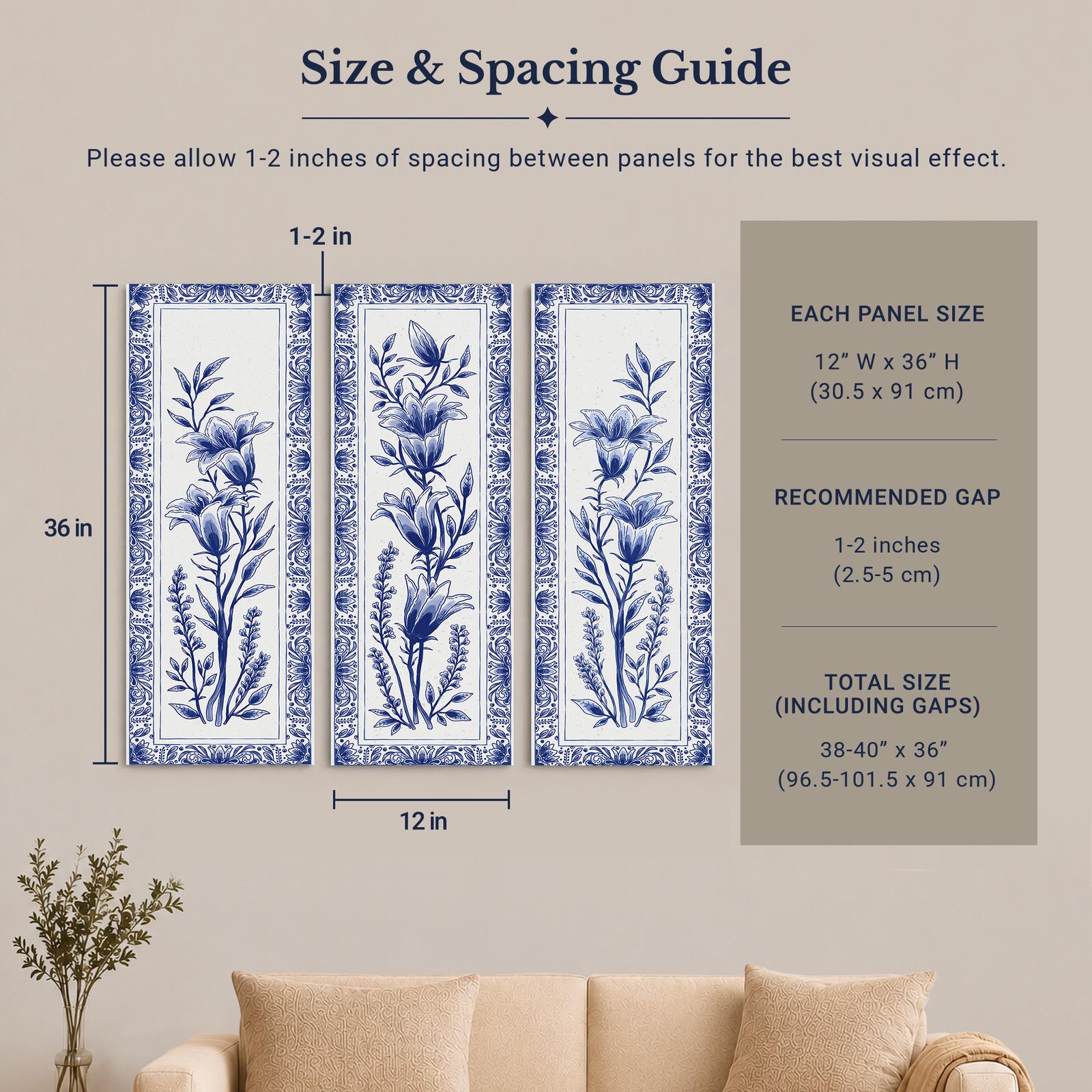 Blue and White Delft Floral Panels canvas wall art displayed in a front entryway