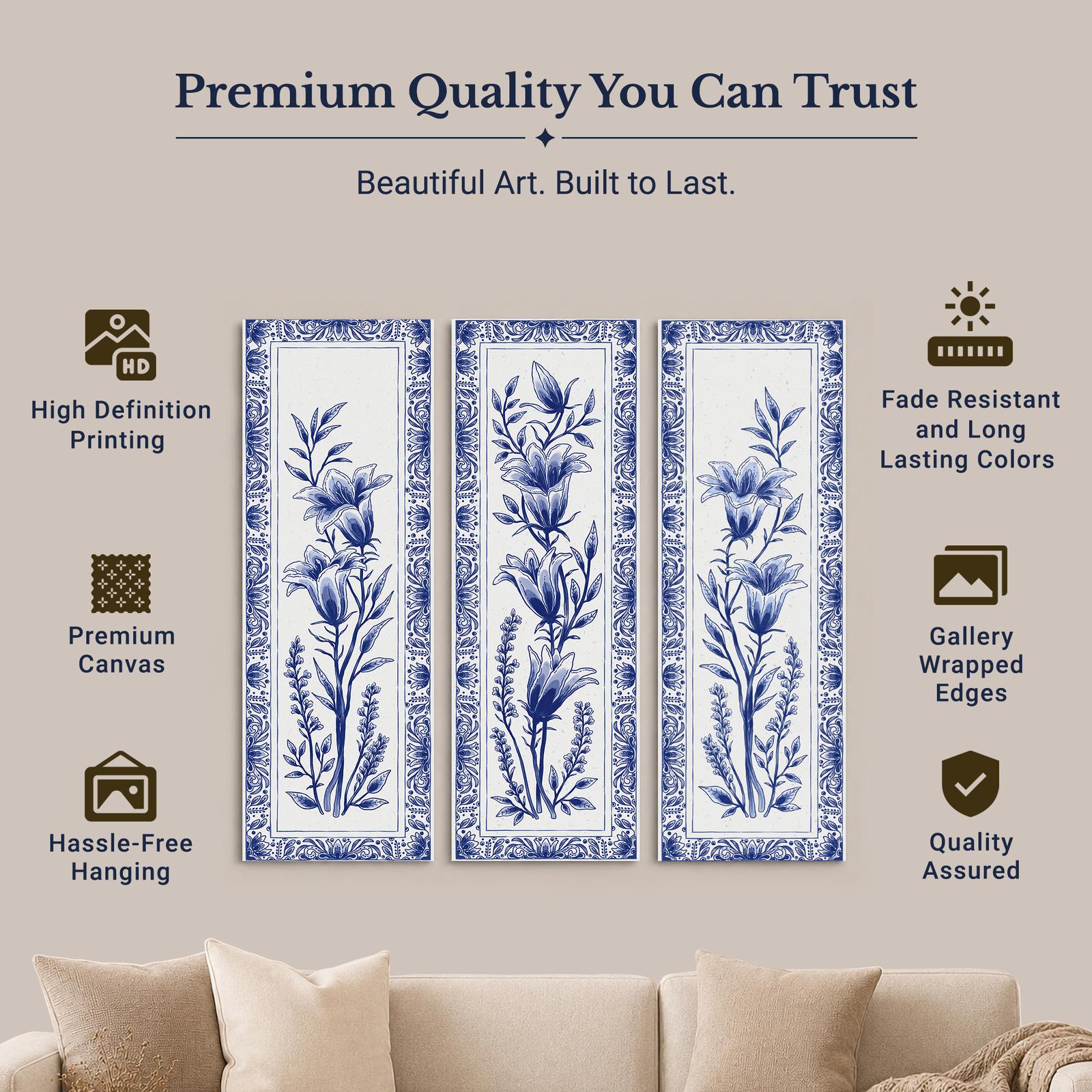 Blue and White Delft Floral Panels canvas print - gallery wrapped and floating frame styles