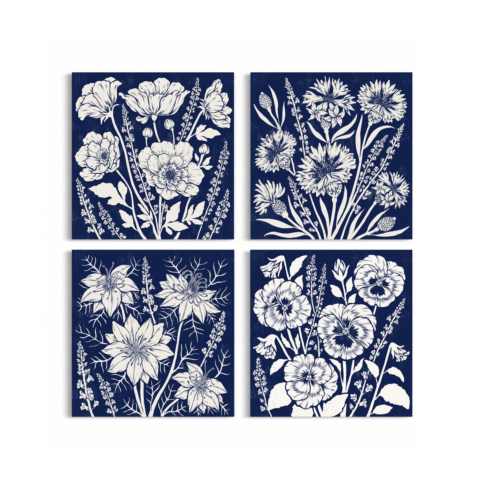 Navy Blue Botanical Quartet canvas print - Navy Botanical Canvas Wall Art Set of 4 by Crossroads Home Decor