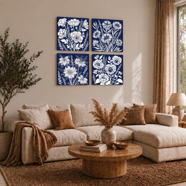 Navy Blue Botanical Quartet gift - canvas print for the modern navy decor lover