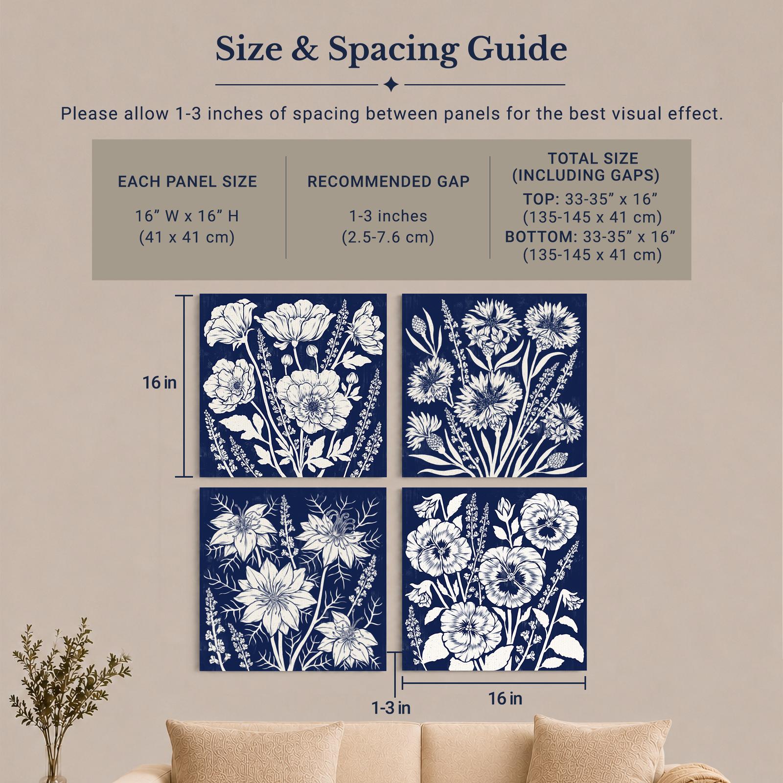 Navy Blue Botanical Quartet canvas wall art displayed above a home office desk