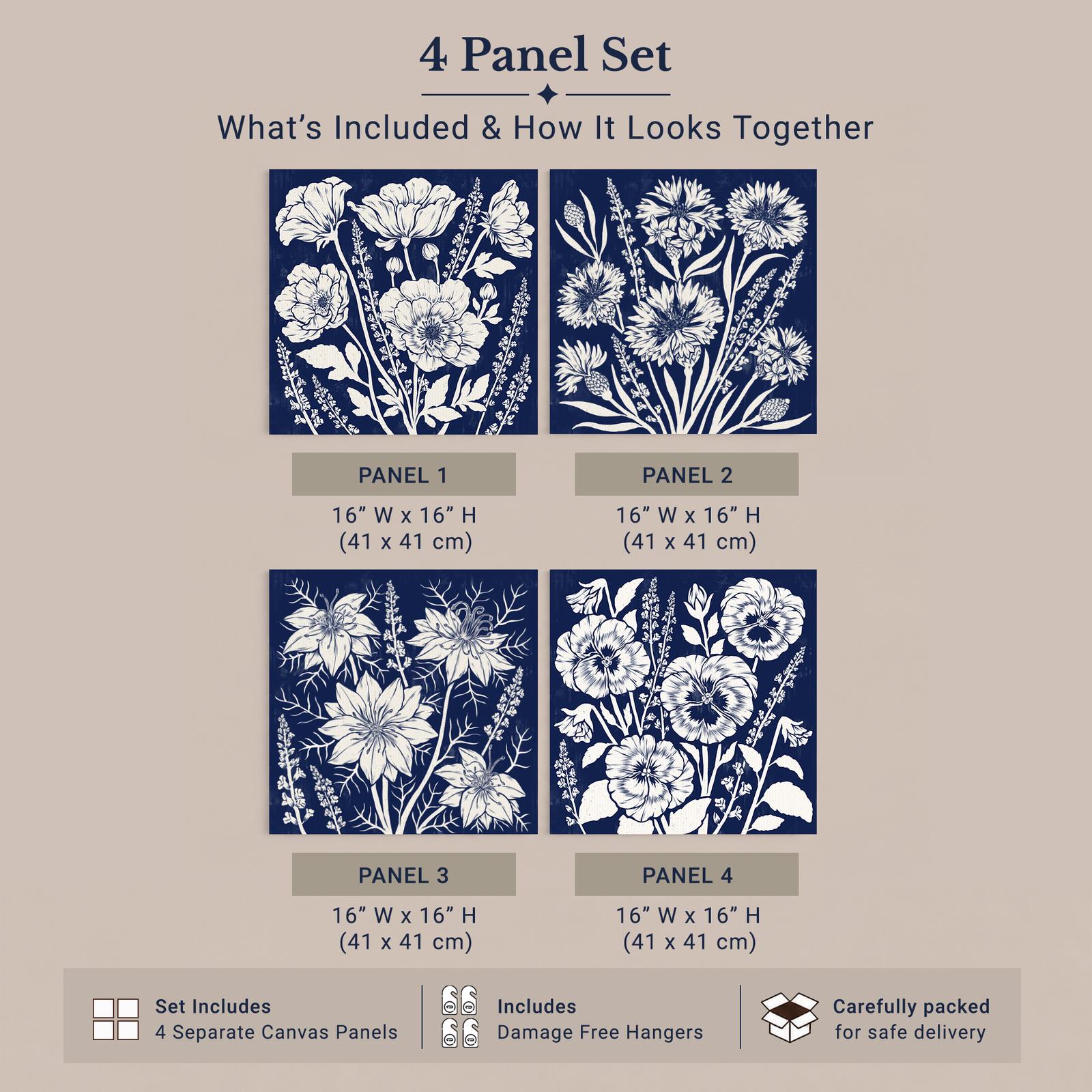 Navy Blue Botanical Quartet canvas print - linocut-style navy botanical inspirational wall art