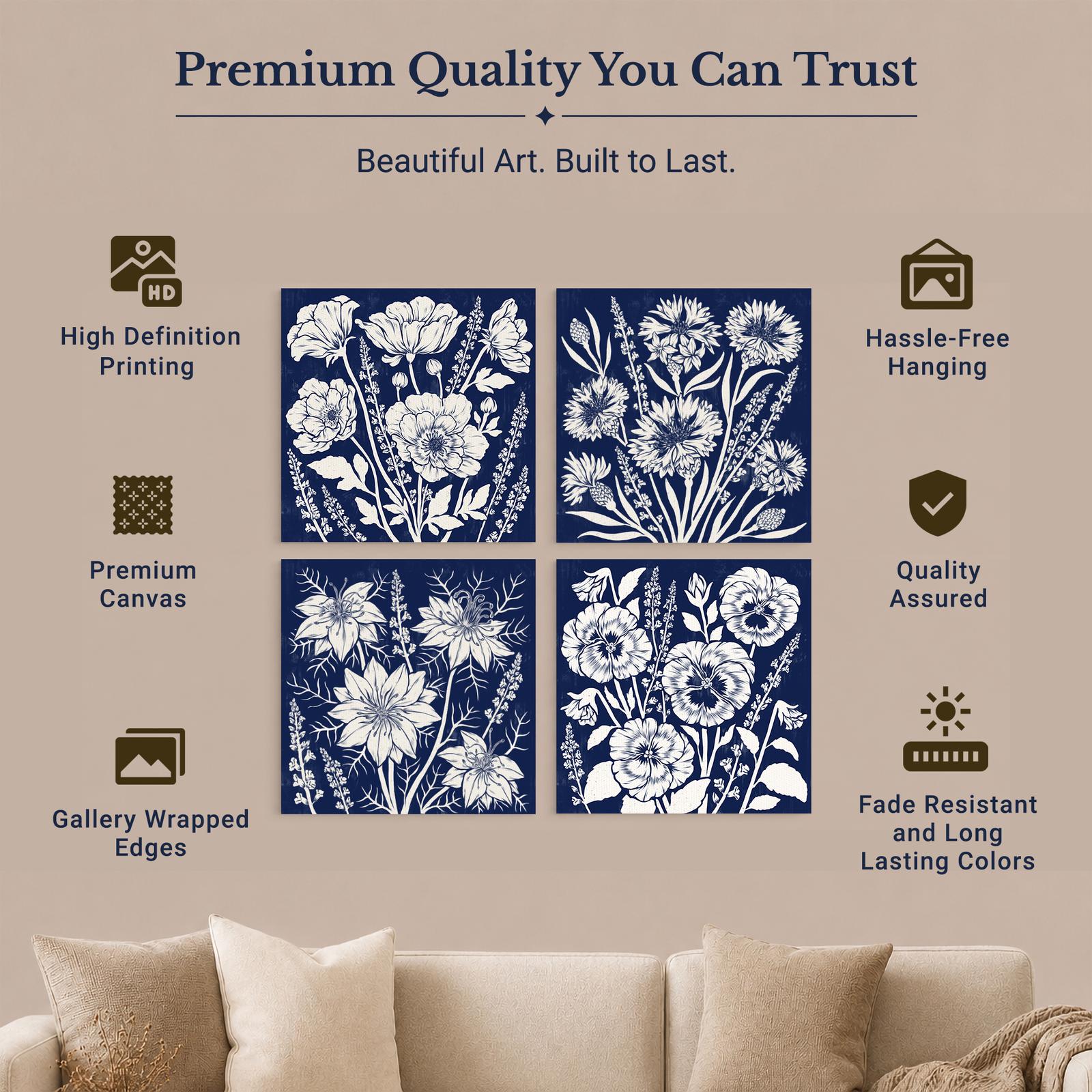 Navy Blue Botanical Quartet canvas print - gallery wrapped and floating frame styles